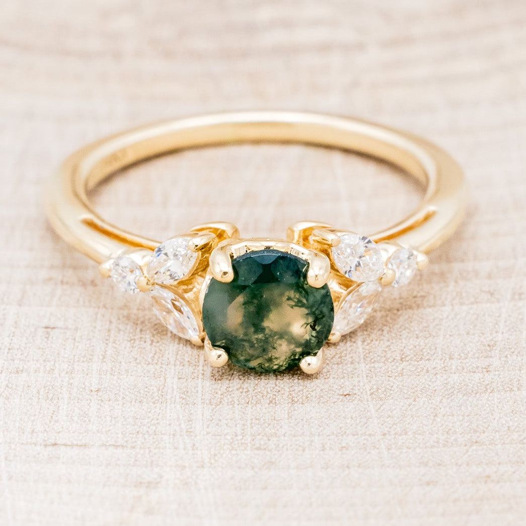 "BLOSSOM" - ROUND CUT MOSS AGATE ENGAGEMENT RING WITH LEAF-SHAPED DIAMOND ACCENTS-10
