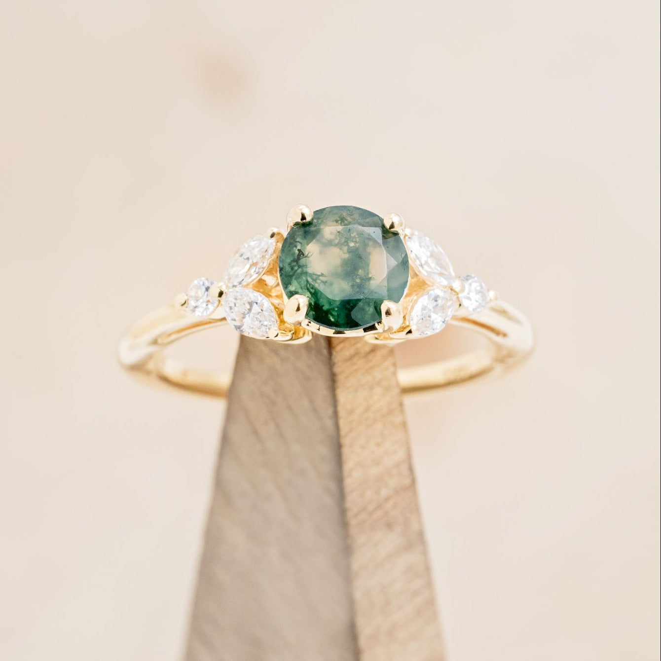 "BLOSSOM" - ROUND CUT MOSS AGATE ENGAGEMENT RING WITH LEAF-SHAPED DIAMOND ACCENTS-7