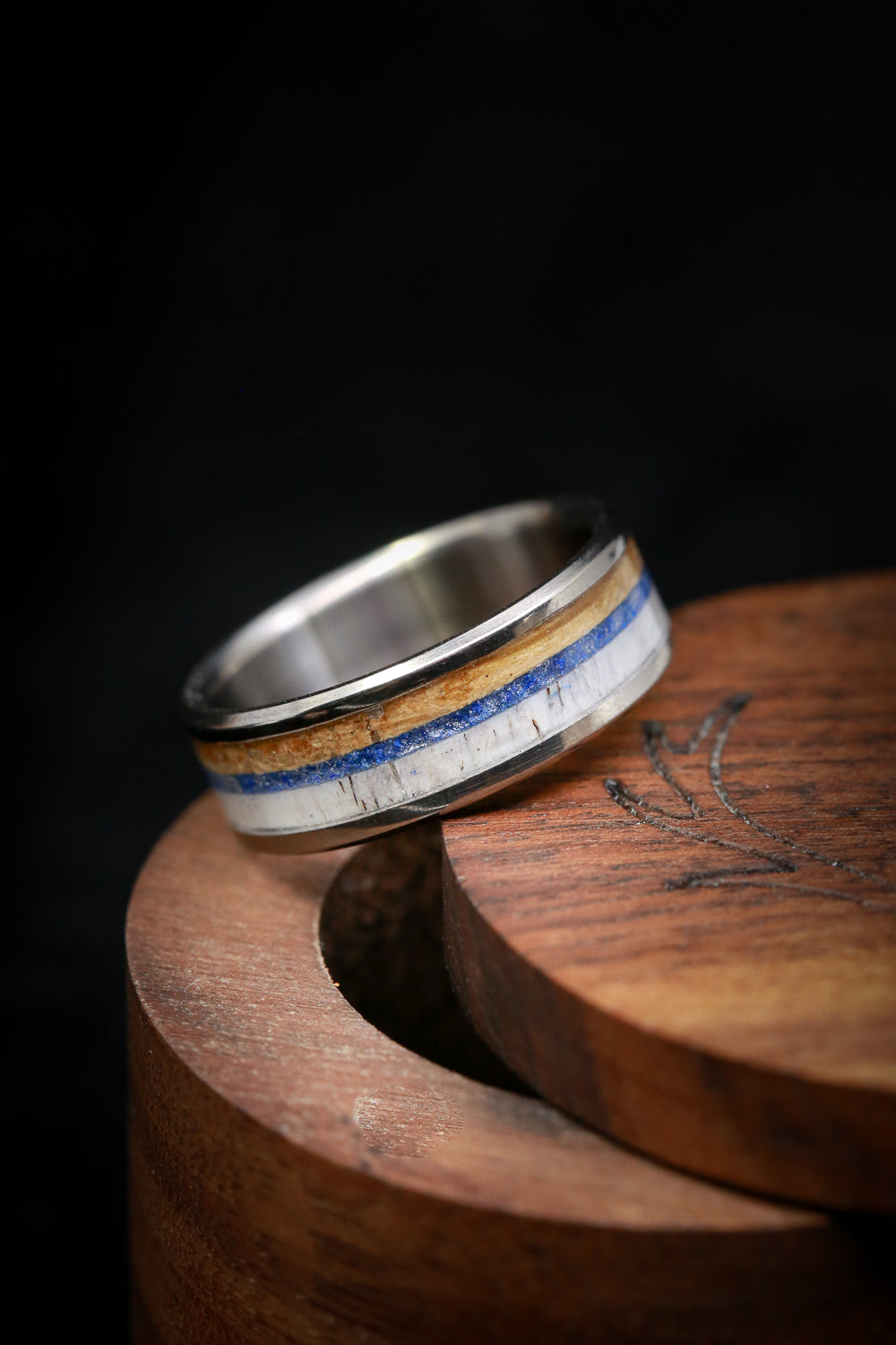 "RAINIER" - ANTLER, LAPIS LAZULI & WHISKEY BARREL OAK WEDDING BAND-8