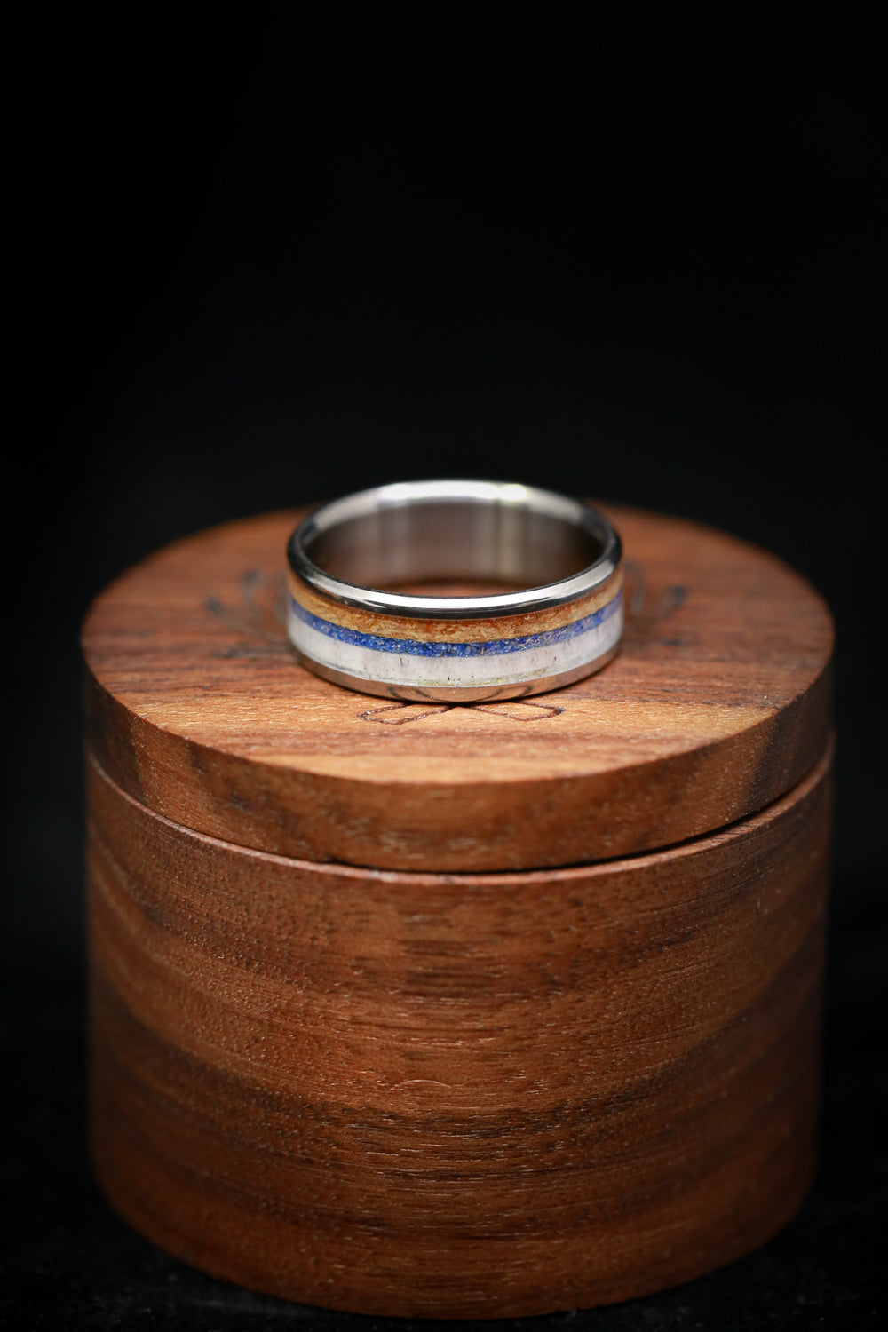 "RAINIER" - ANTLER, LAPIS LAZULI & WHISKEY BARREL OAK WEDDING BAND-11