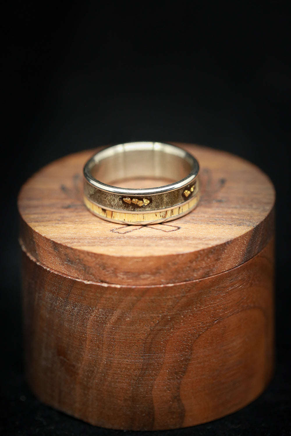 "RAPTOR" - ALASKAN PANNED GOLD NUGGETS SET IN BUCKEYE BURL & SPALTED MAPLE WOOD WEDDING RING-2