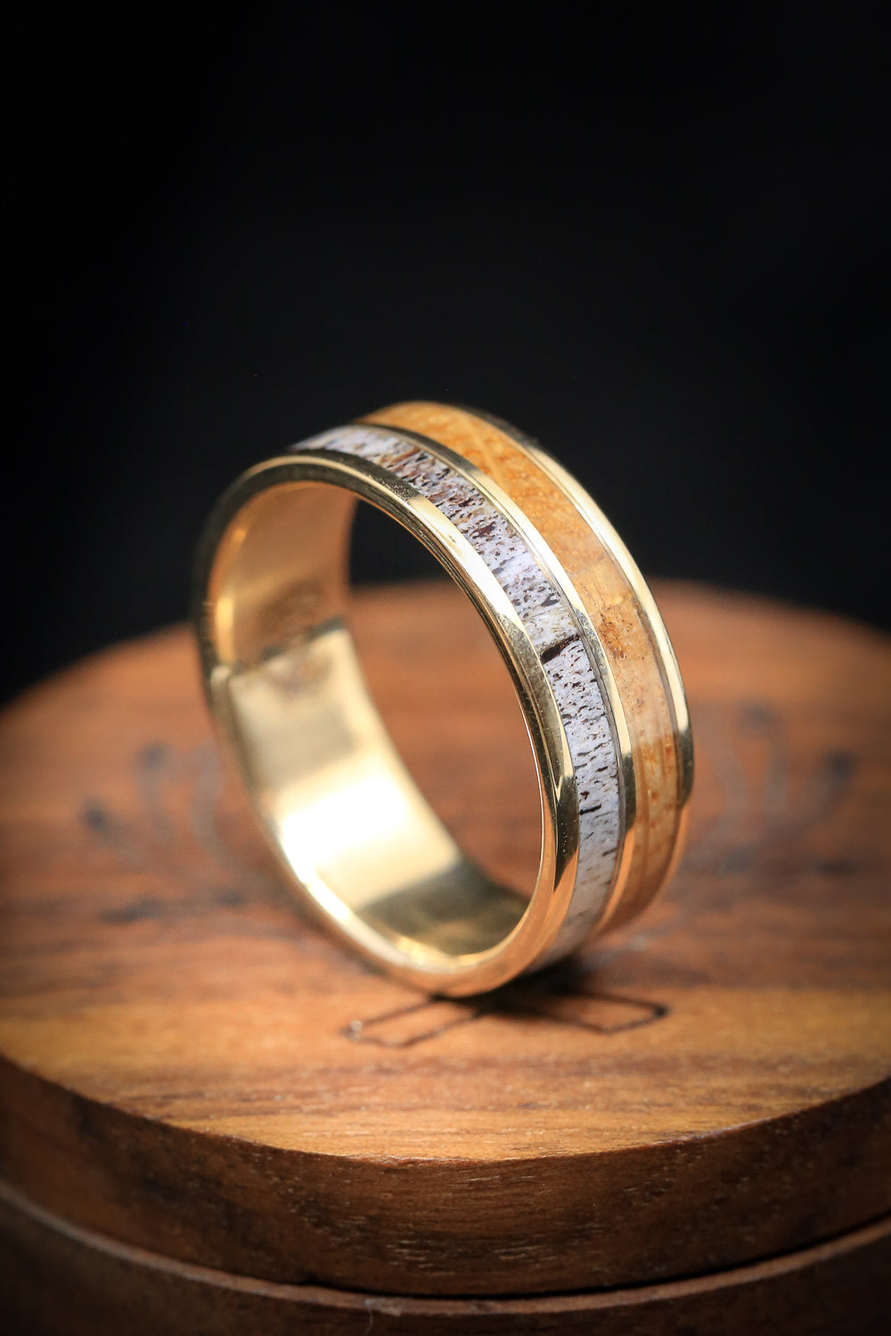 "DYAD" - MATCHING SET OF ANTLER & WHISKEY BARREL WOOD WEDDING BANDS-4