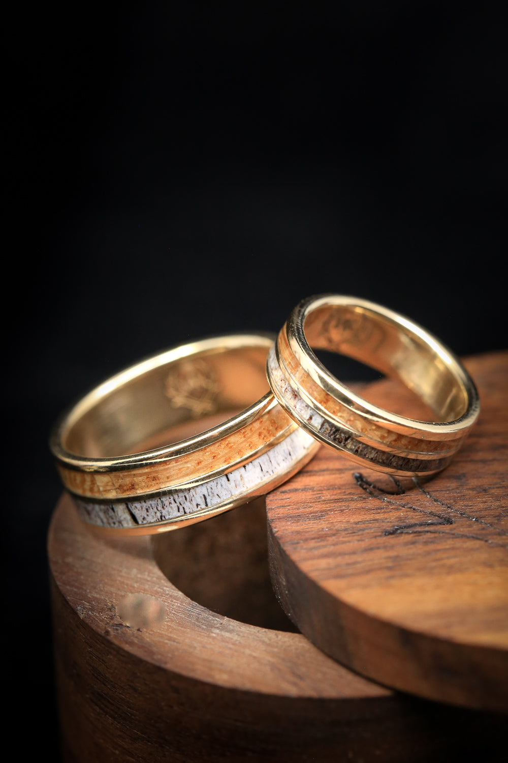 "DYAD" - MATCHING SET OF ANTLER & WHISKEY BARREL WOOD WEDDING BANDS-3