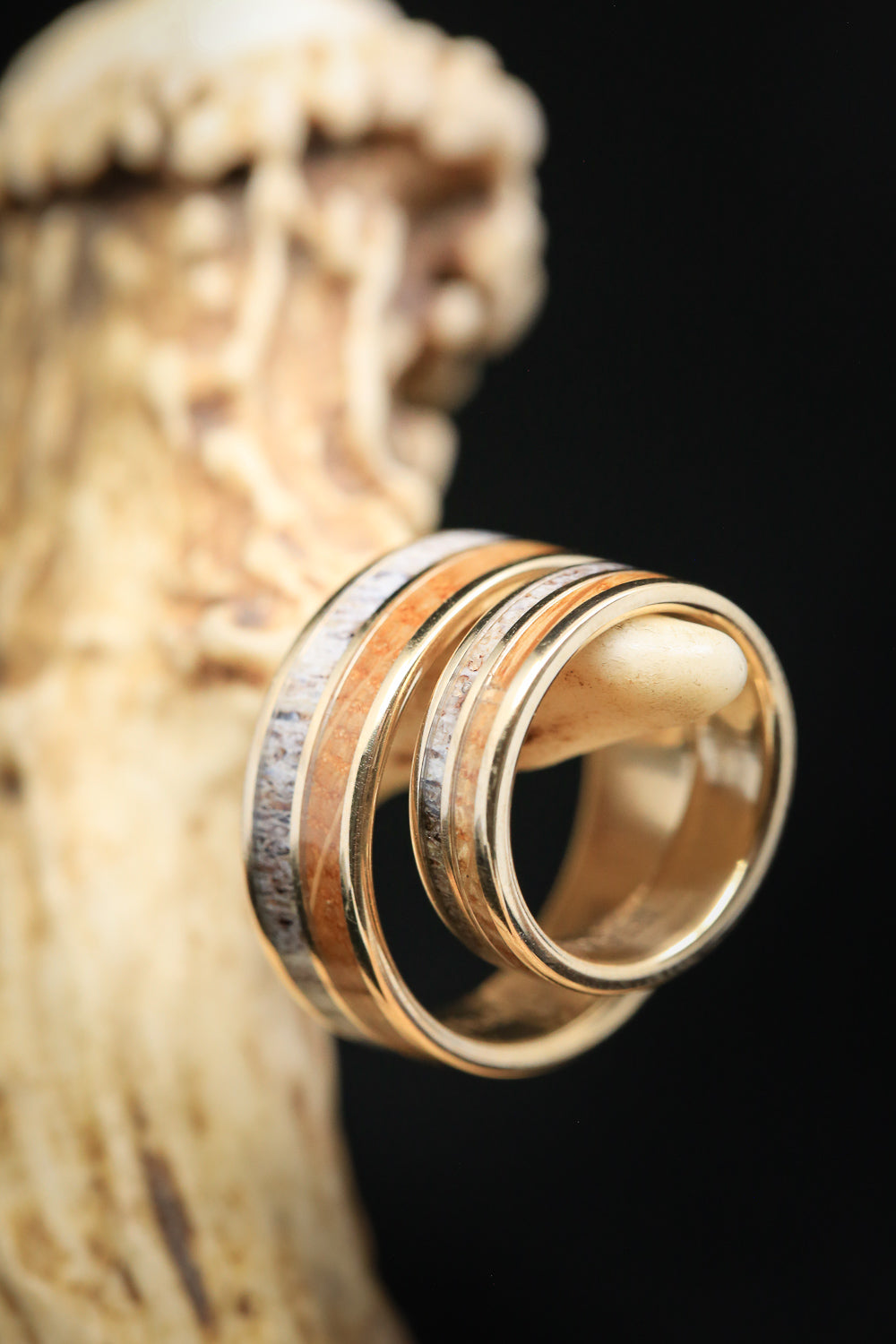 "DYAD" - MATCHING SET OF ANTLER & WHISKEY BARREL WOOD WEDDING BANDS-7