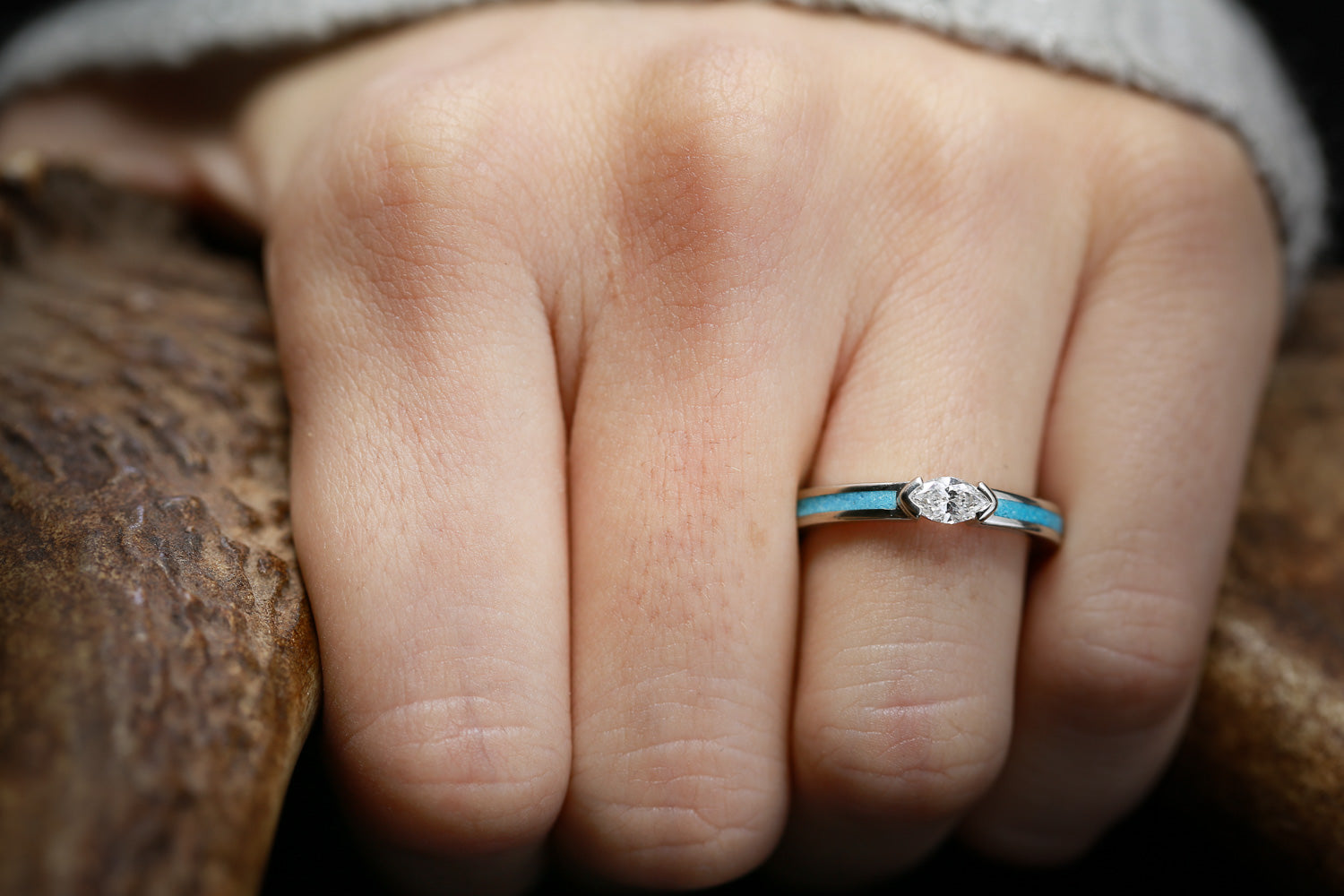 "ELBA" - MARQUISE MOISSANITE ENGAGEMENT RING WITH TURQUOISE INLAYS-13