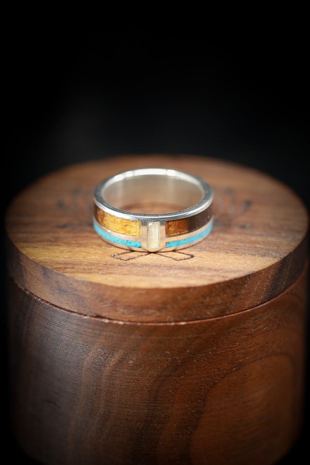 "BOWER" - MOTHER OF PEARL, TURQUOISE & IRONWOOD WEDDING BAND-7
