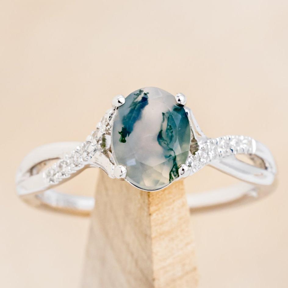 "ROSLYN" - OVAL MOSS AGATE ENGAGEMENT RING WITH DIAMOND ACCENTS-13