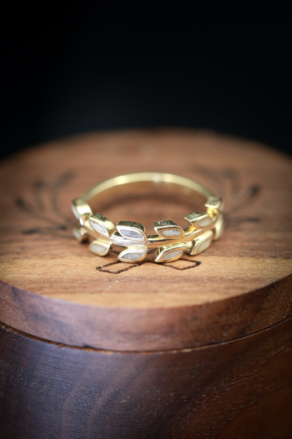 14K GOLD LEAF RING WITH ANTLER INLAYS-8