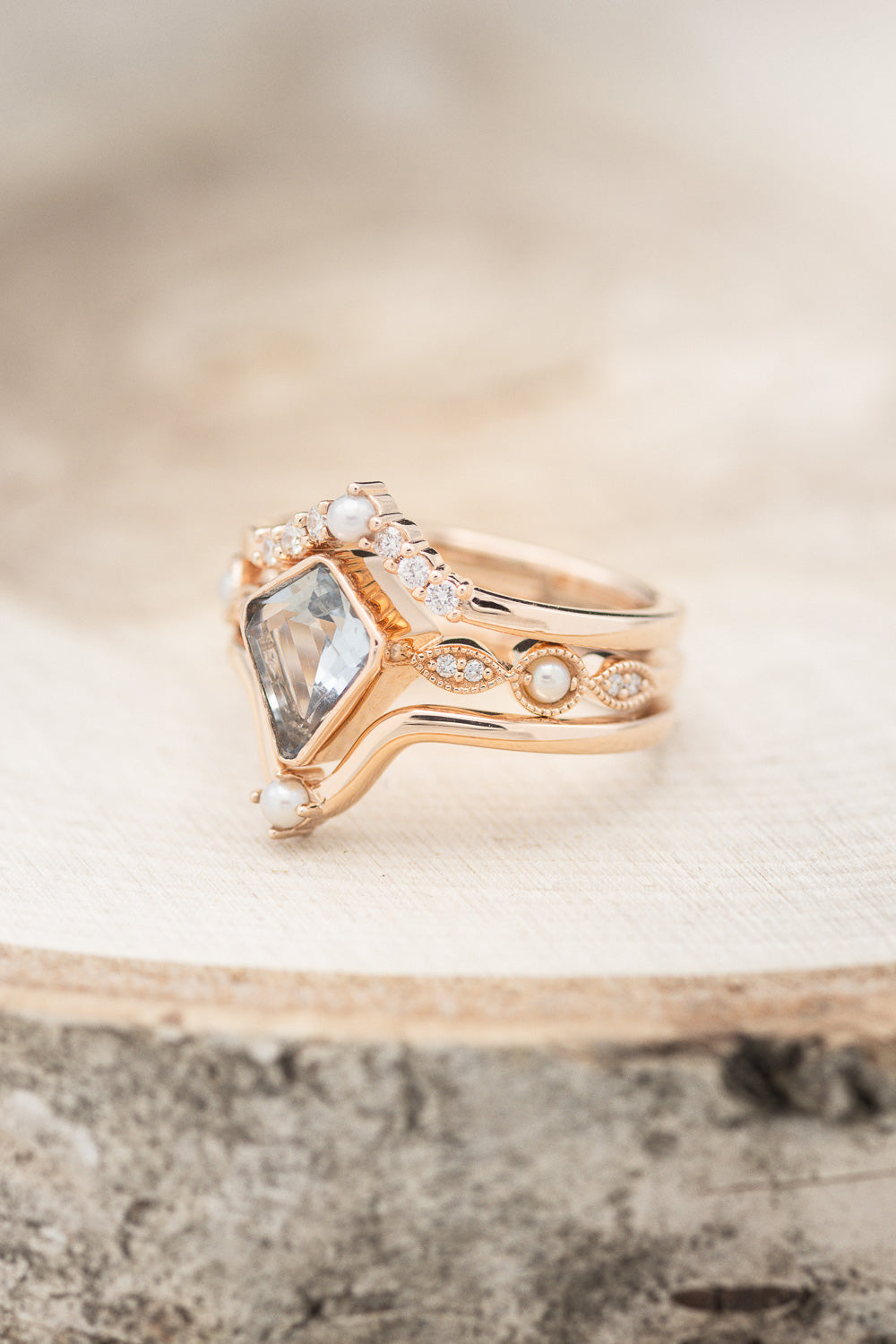 "BIANCA" - BRIDAL SUITE - KITE CUT AQUAMARINE ENGAGEMENT RING WITH PEARL & DIAMOND ACCENTS-3