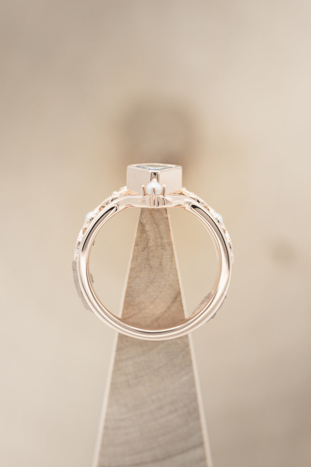 "BIANCA" - BRIDAL SUITE - KITE CUT AQUAMARINE ENGAGEMENT RING WITH PEARL & DIAMOND ACCENTS-5