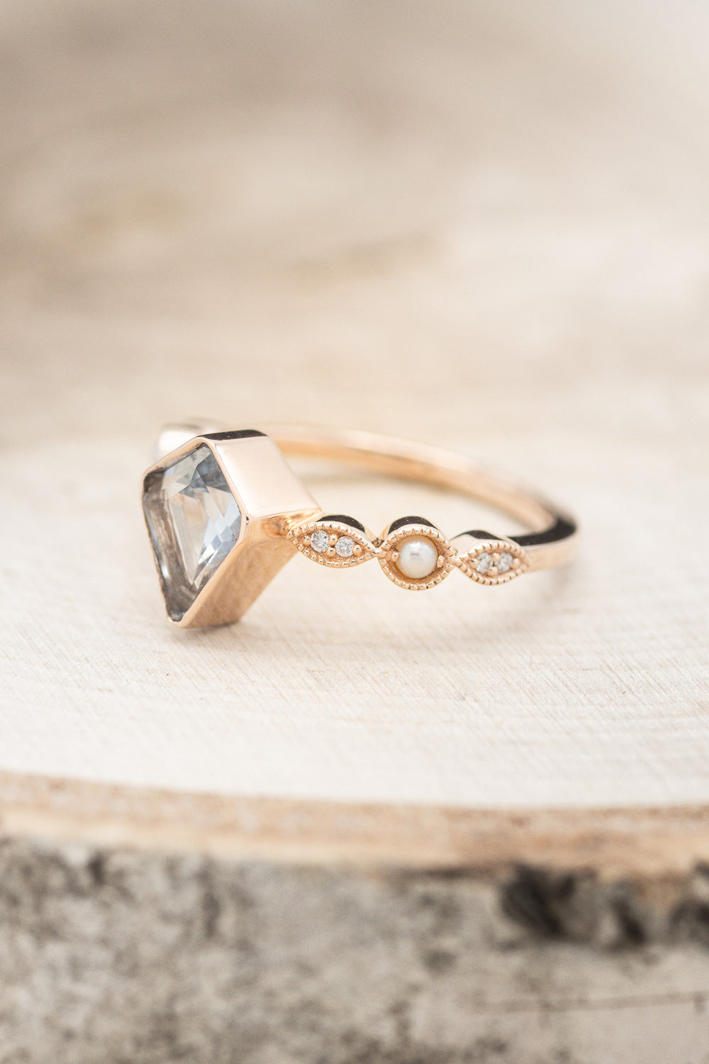 "BIANCA" - BRIDAL SUITE - KITE CUT AQUAMARINE ENGAGEMENT RING WITH PEARL & DIAMOND ACCENTS-9