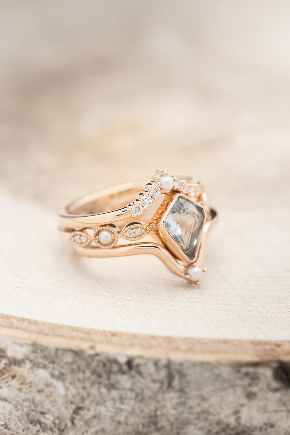 "BIANCA" - BRIDAL SUITE - KITE CUT AQUAMARINE ENGAGEMENT RING WITH PEARL & DIAMOND ACCENTS-4