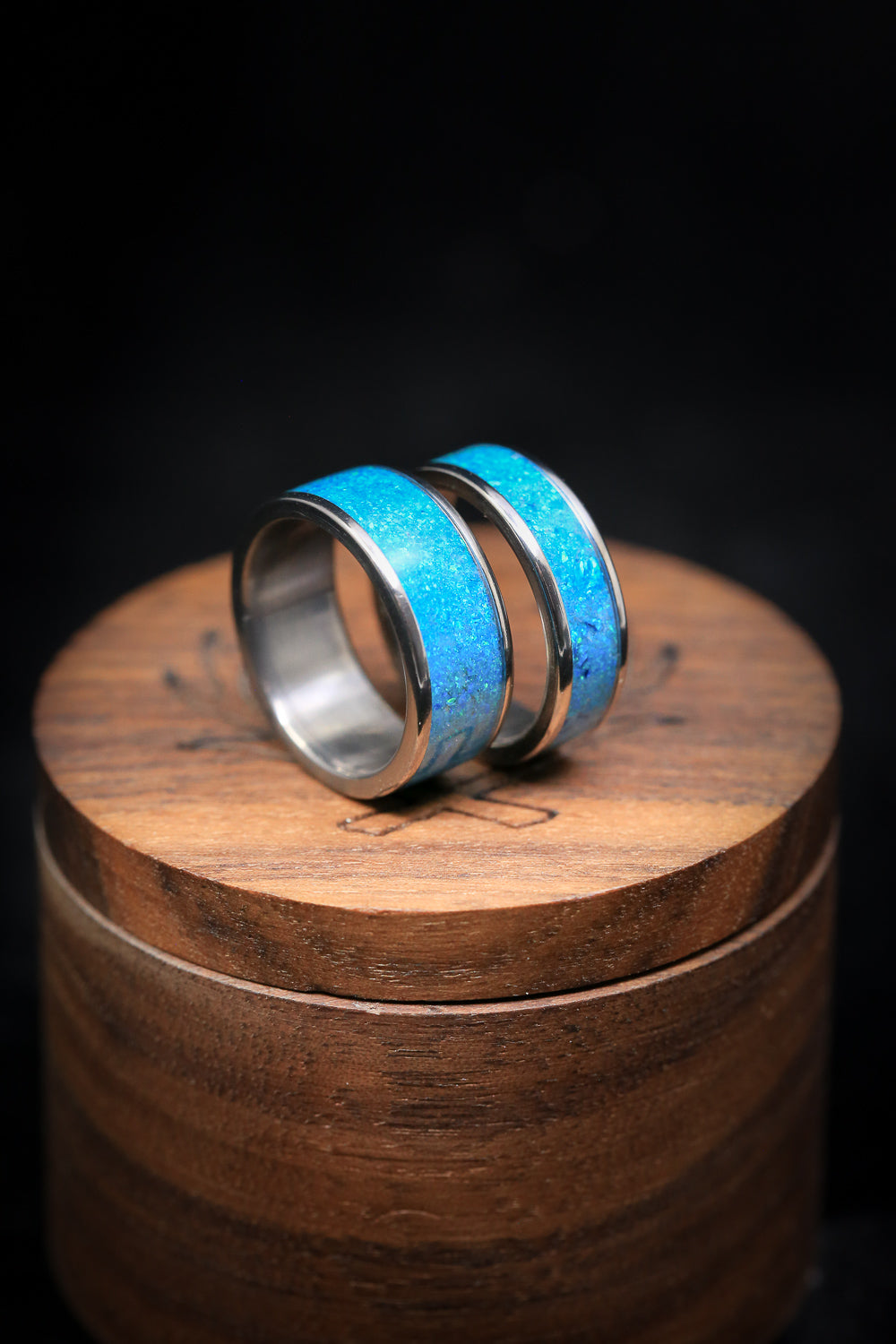 "RAINIER" - MATCHING SET OF BLUE OPAL WEDDING BANDS-3