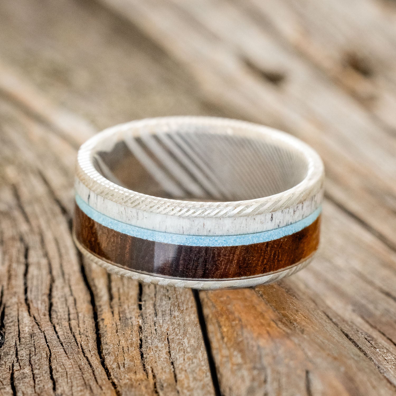 "RAINIER" - ANTLER, IRONWOOD & TURQUOISE WEDDING BAND - READY TO SHIP-7