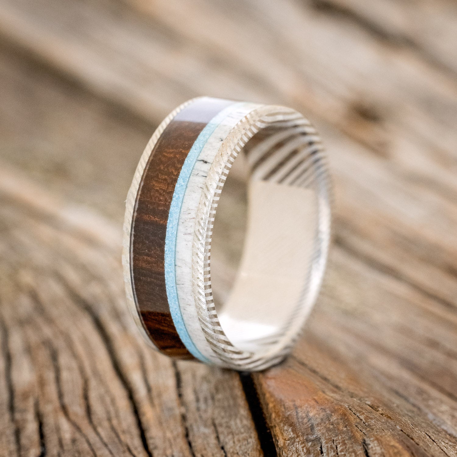 "RAINIER" - ANTLER, IRONWOOD & TURQUOISE WEDDING BAND - READY TO SHIP-5