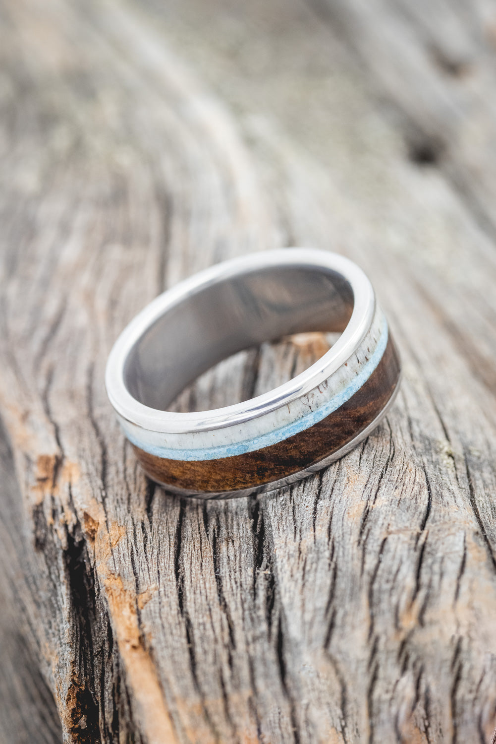 "RAINIER" - ANTLER, IRONWOOD & TURQUOISE WEDDING BAND-3