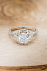 "OPHELIA" - CUSHION CUT MOISSANITE ENGAGEMENT RING WITH DIAMOND HALO & ACCENTS