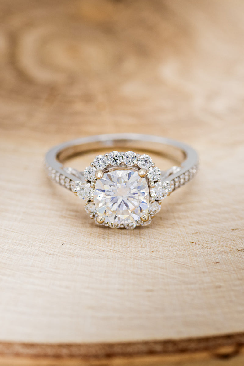 "OPHELIA" - CUSHION CUT MOISSANITE ENGAGEMENT RING WITH DIAMOND HALO & ACCENTS