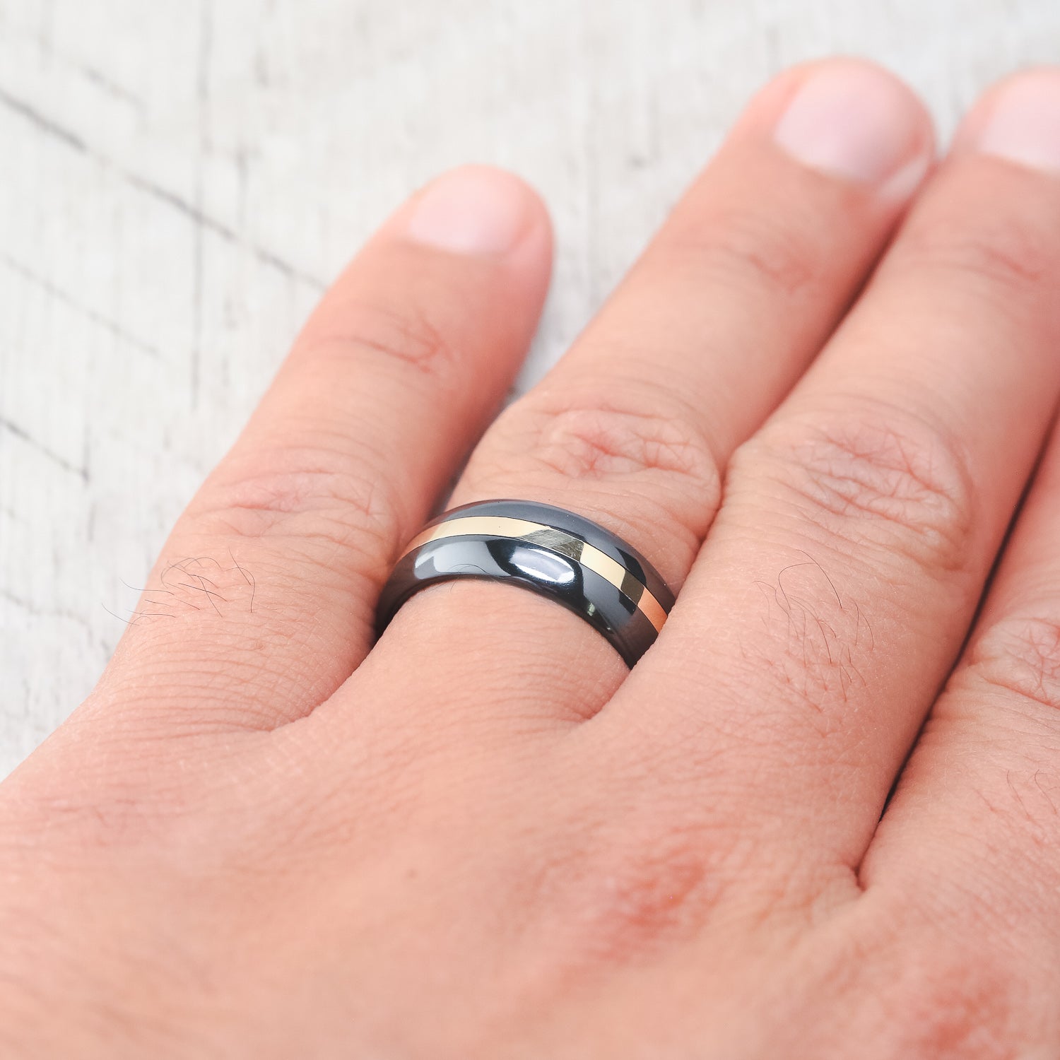 "NIRVANA" - DOMED DAMASCUS STEEL WEDDING RING WITH A 14K GOLD INLAY-12