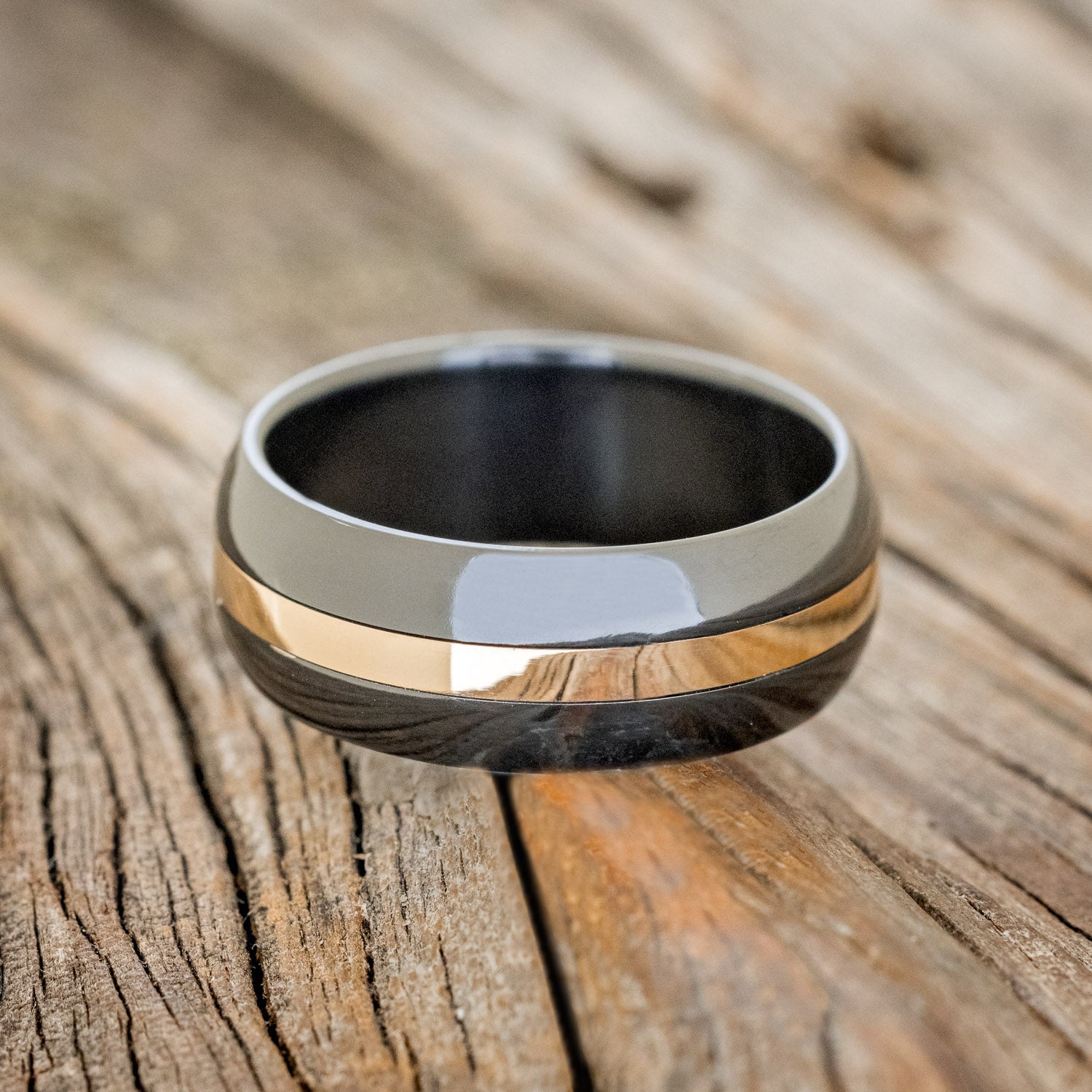 "NIRVANA" - DOMED DAMASCUS STEEL WEDDING RING WITH A 14K GOLD INLAY-7