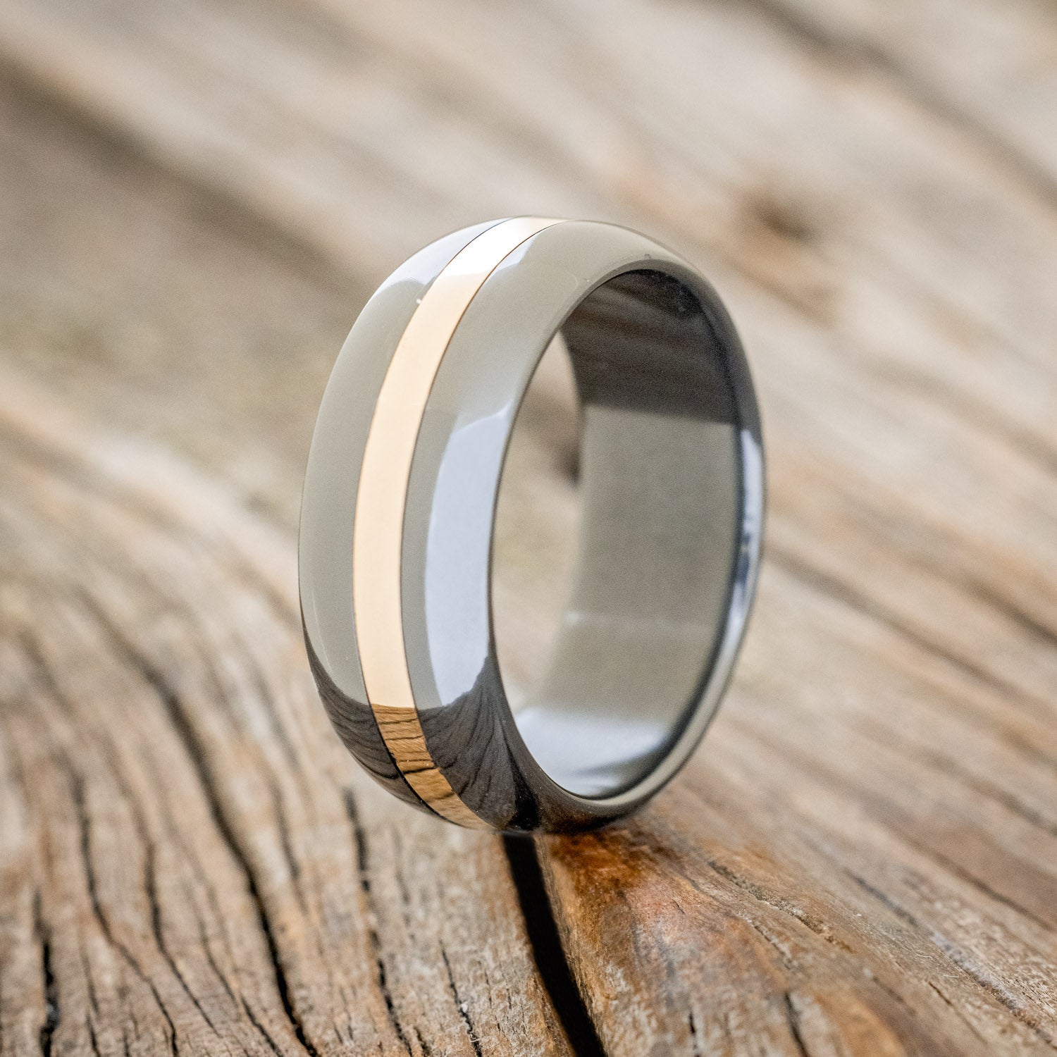 "NIRVANA" - DOMED DAMASCUS STEEL WEDDING RING WITH A 14K GOLD INLAY-5