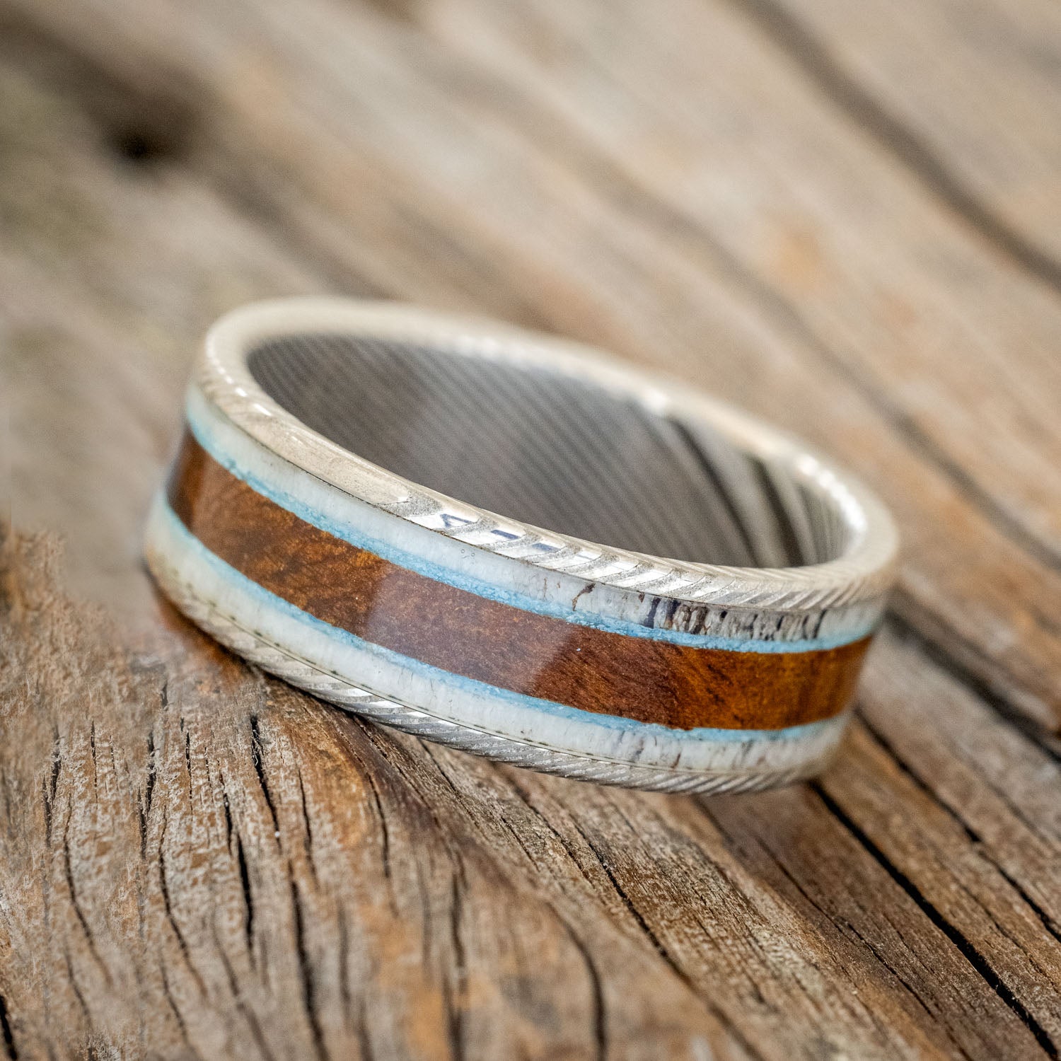 "RAINIER" - ELK ANTLER, TURQUOISE & IRONWOOD WEDDING RING-8