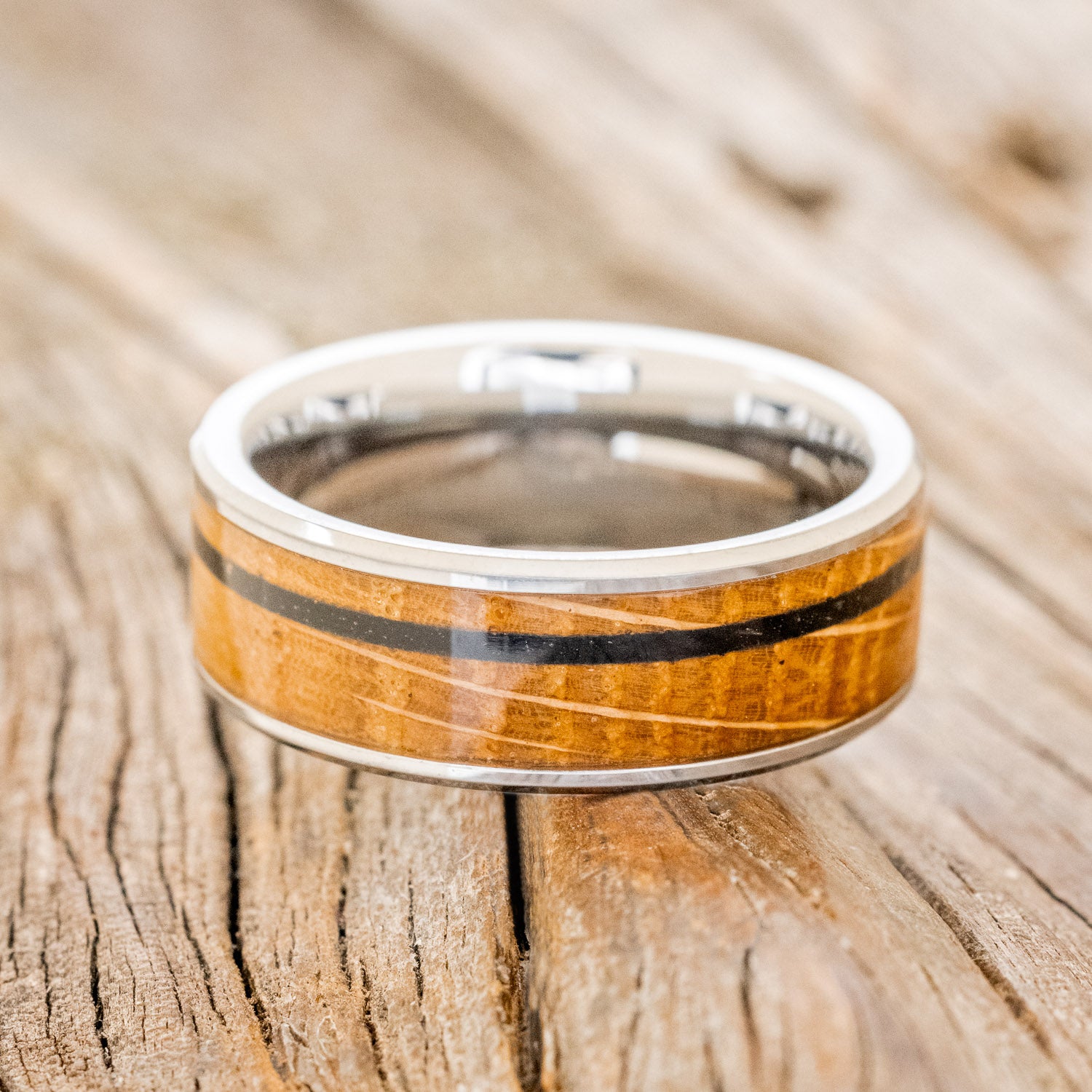 "RAINIER" - WHISKEY BARREL & OFFSET CHARRED WHISKEY BARREL WEDDING BAND - READY TO SHIP-6