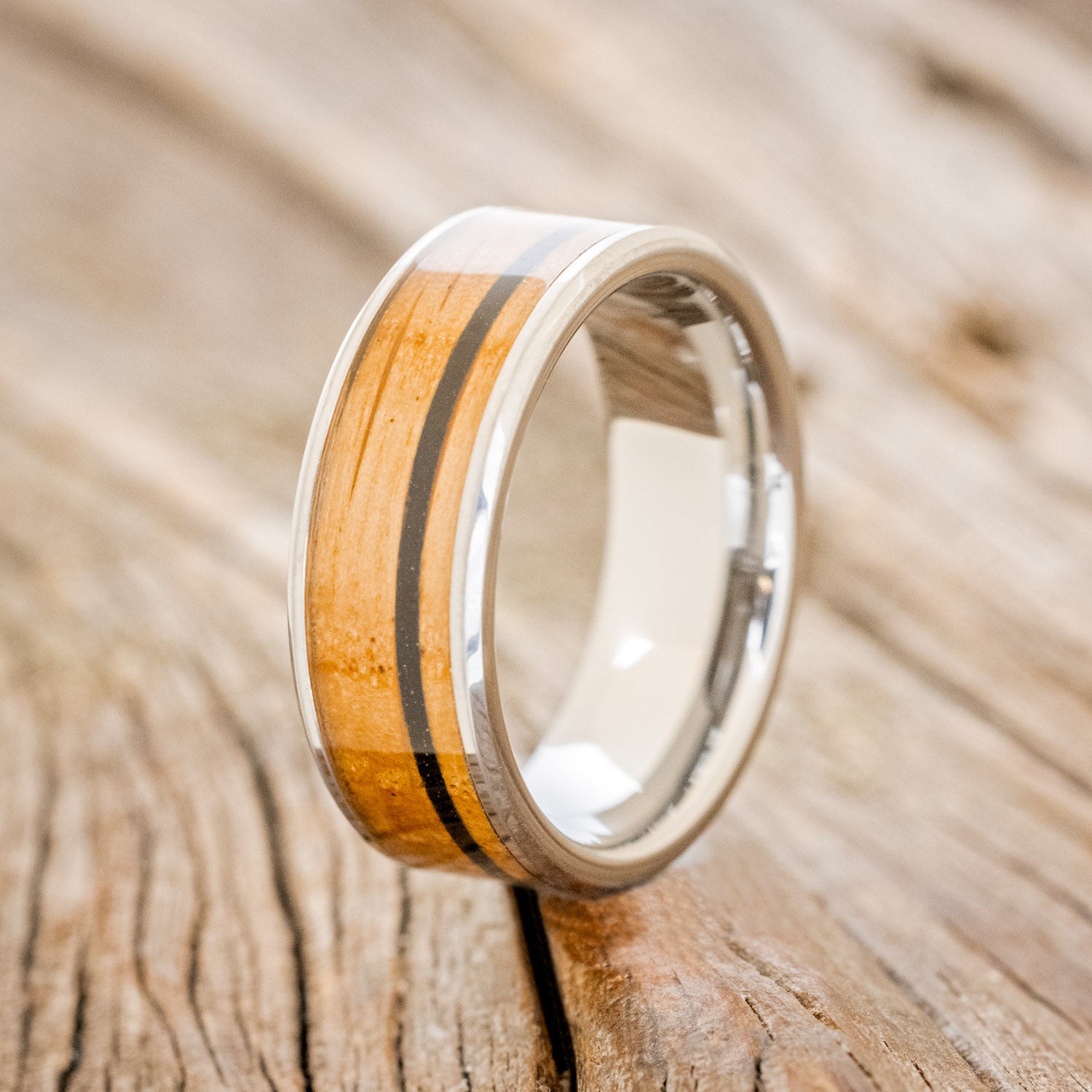 "RAINIER" - WHISKEY BARREL & OFFSET CHARRED WHISKEY BARREL WEDDING BAND - READY TO SHIP-4