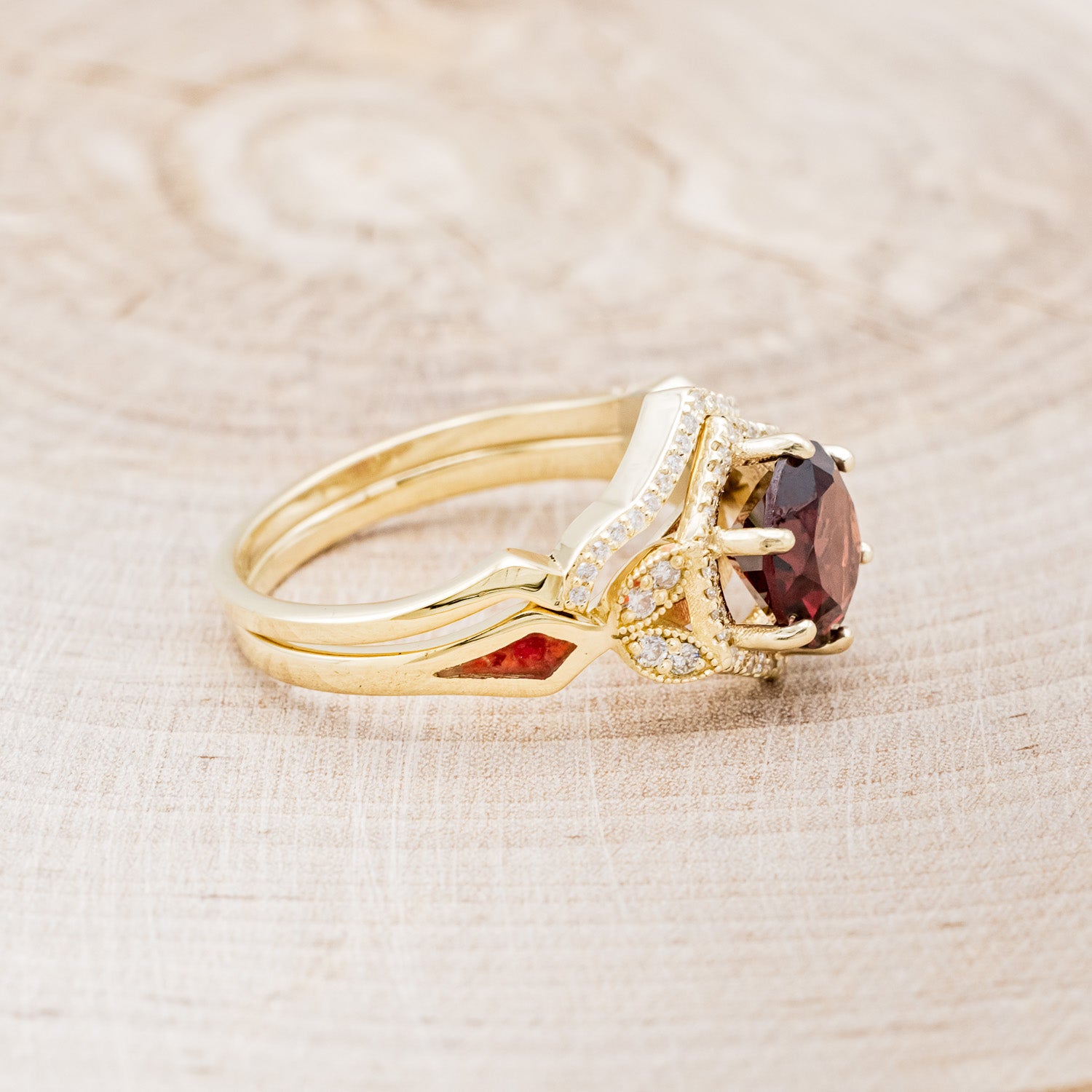 "LUCY IN THE SKY" - ROUND CUT GARNET ENGAGEMENT RING WITH DIAMOND ACCENTS, RED OPAL INLAYS WITH TRACER-2