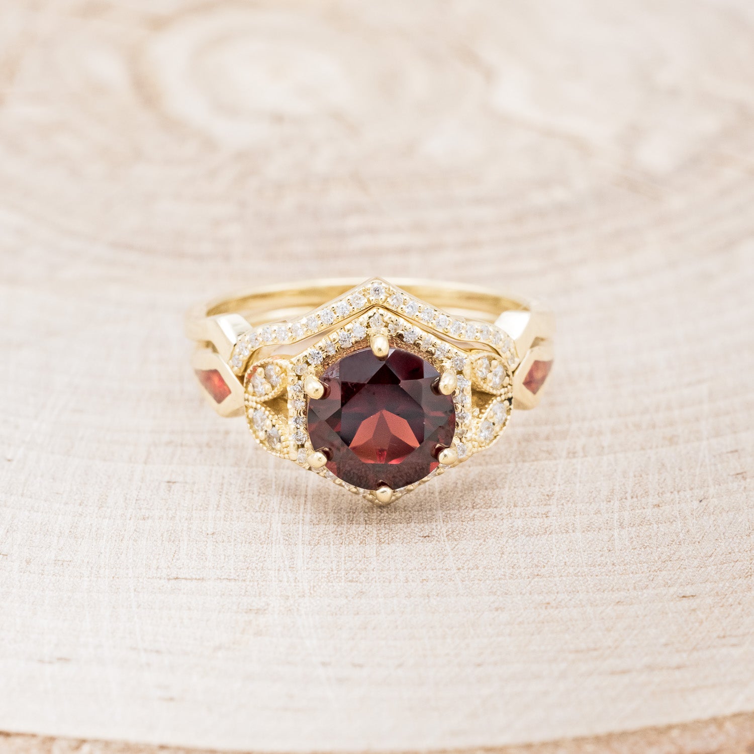 "LUCY IN THE SKY" - ROUND CUT GARNET ENGAGEMENT RING WITH DIAMOND ACCENTS, RED OPAL INLAYS WITH TRACER-4