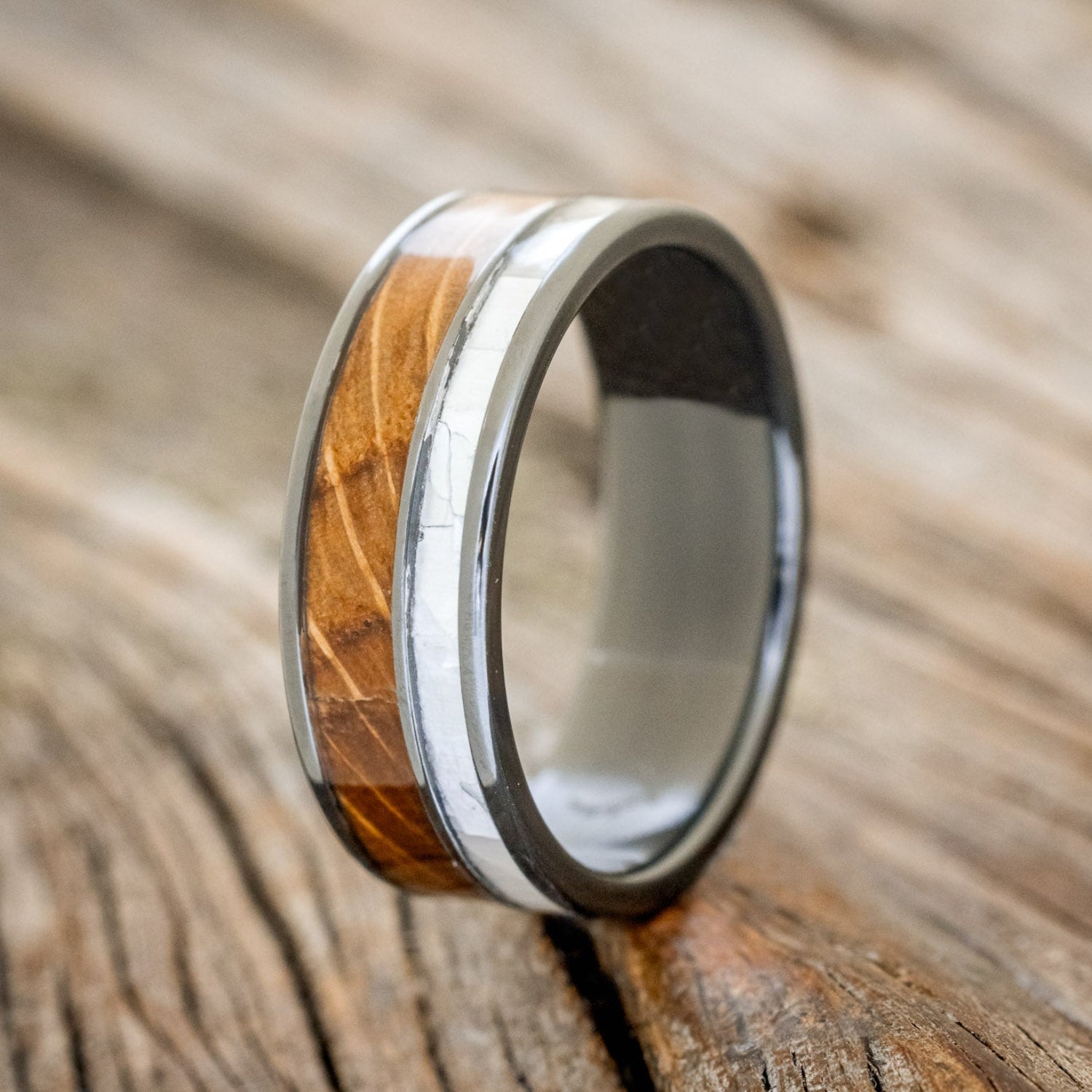 "RAPTOR" - MOTHER OF PEARL & WHISKEY BARREL OAK WEDDING BAND-4