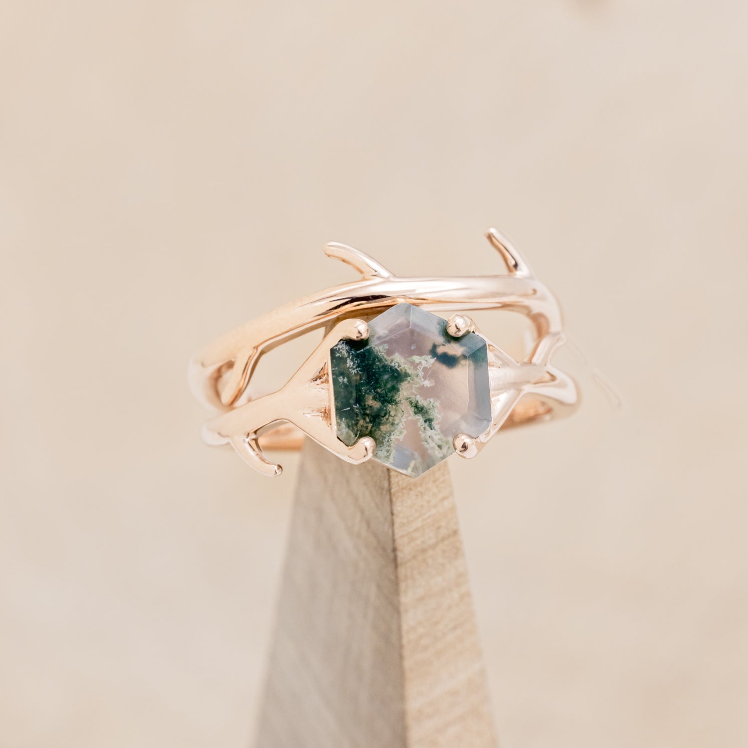 "ARTEMIS" - HEXAGON MOSS AGATE ENGAGEMENT RING WITH AN ANTLER-STYLE STACKING BAND-19
