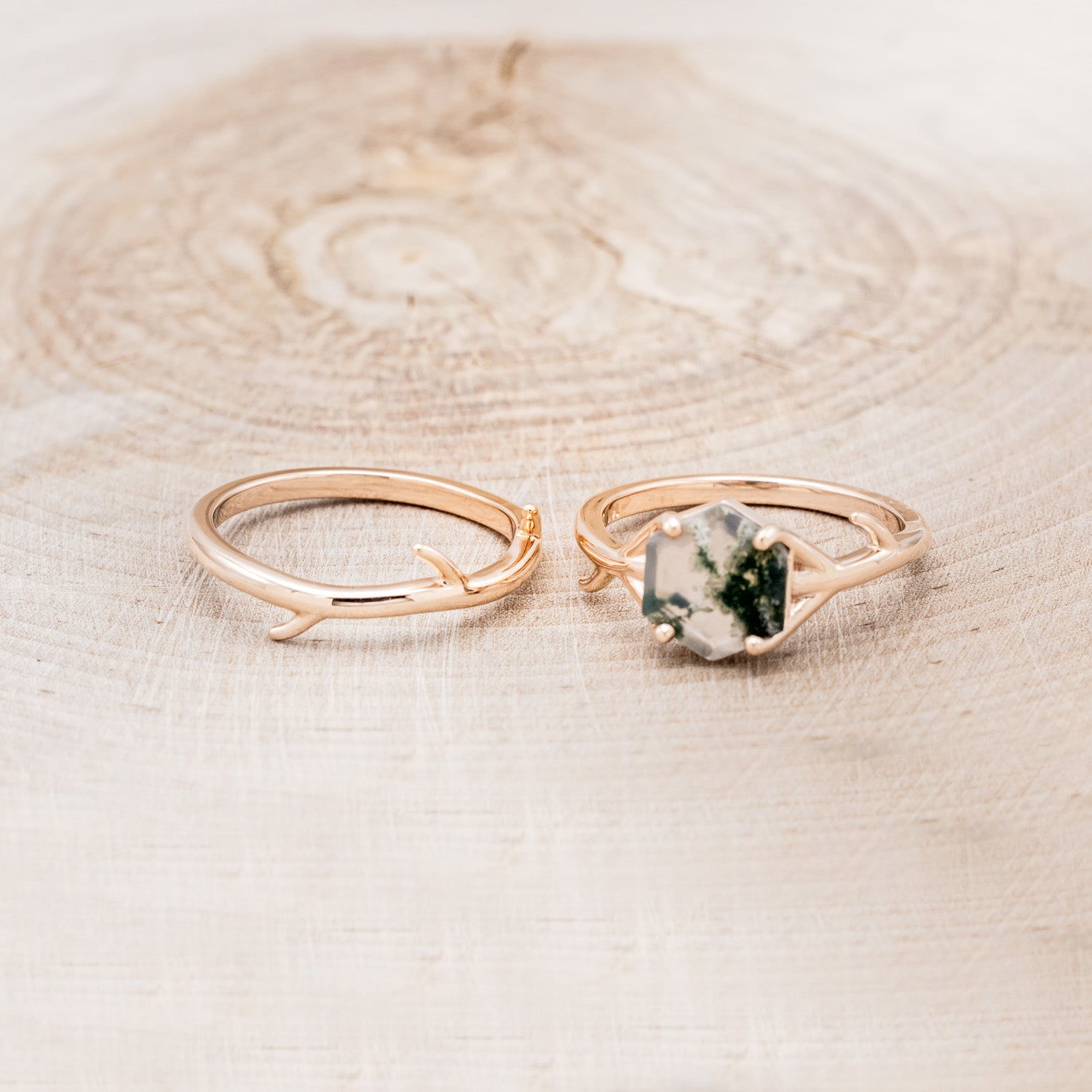 "ARTEMIS" - HEXAGON MOSS AGATE ENGAGEMENT RING WITH AN ANTLER-STYLE STACKING BAND-24