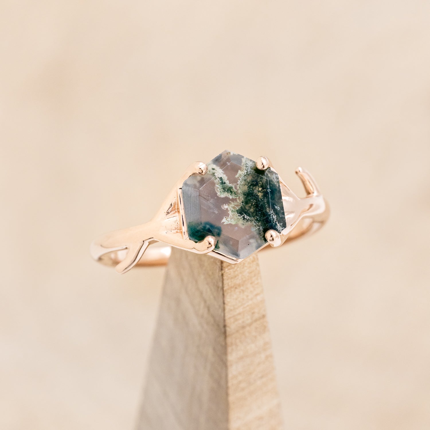 "ARTEMIS" - HEXAGON MOSS AGATE ENGAGEMENT RING WITH AN ANTLER-STYLE STACKING BAND-25