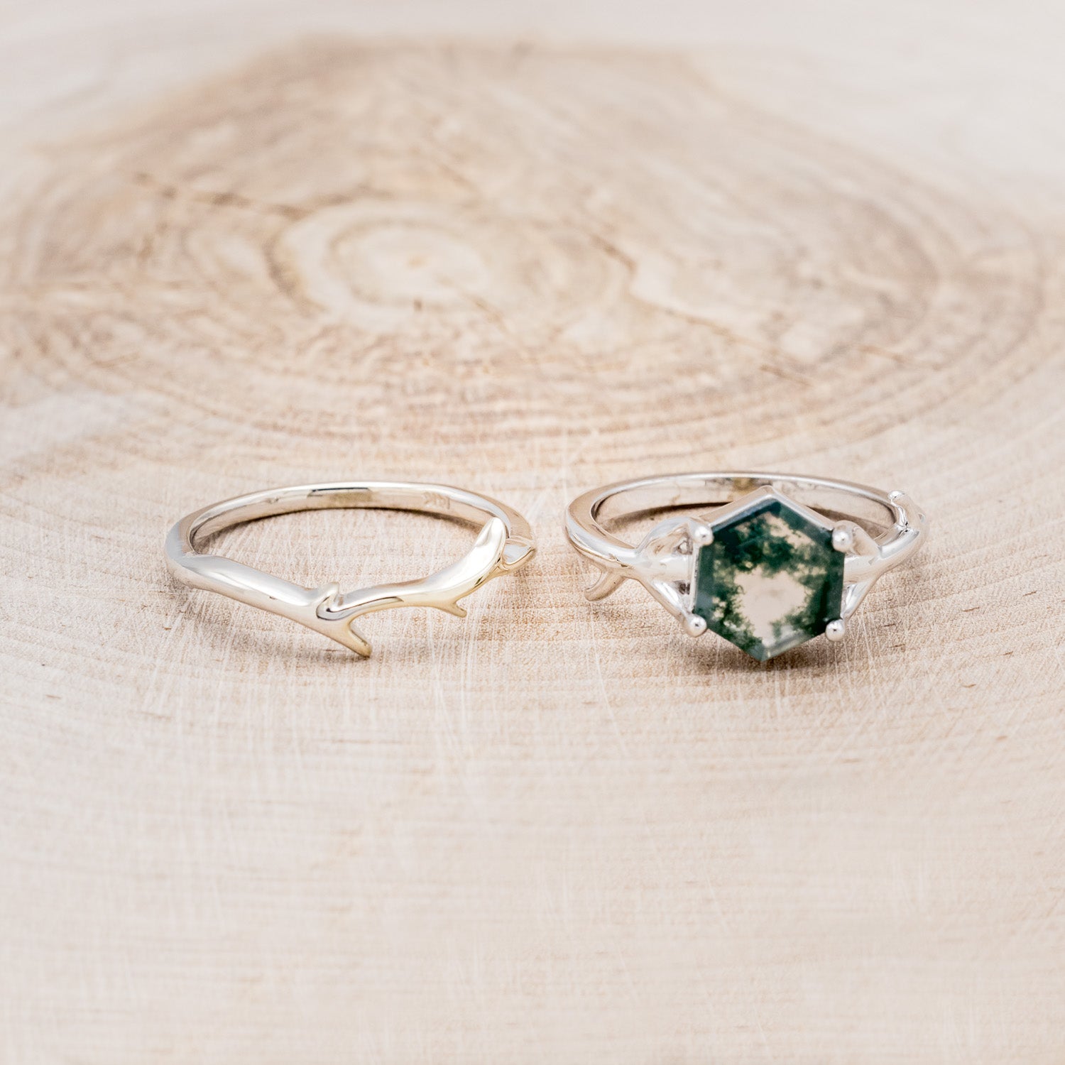 "ARTEMIS" - HEXAGON MOSS AGATE ENGAGEMENT RING WITH AN ANTLER-STYLE STACKING BAND-6