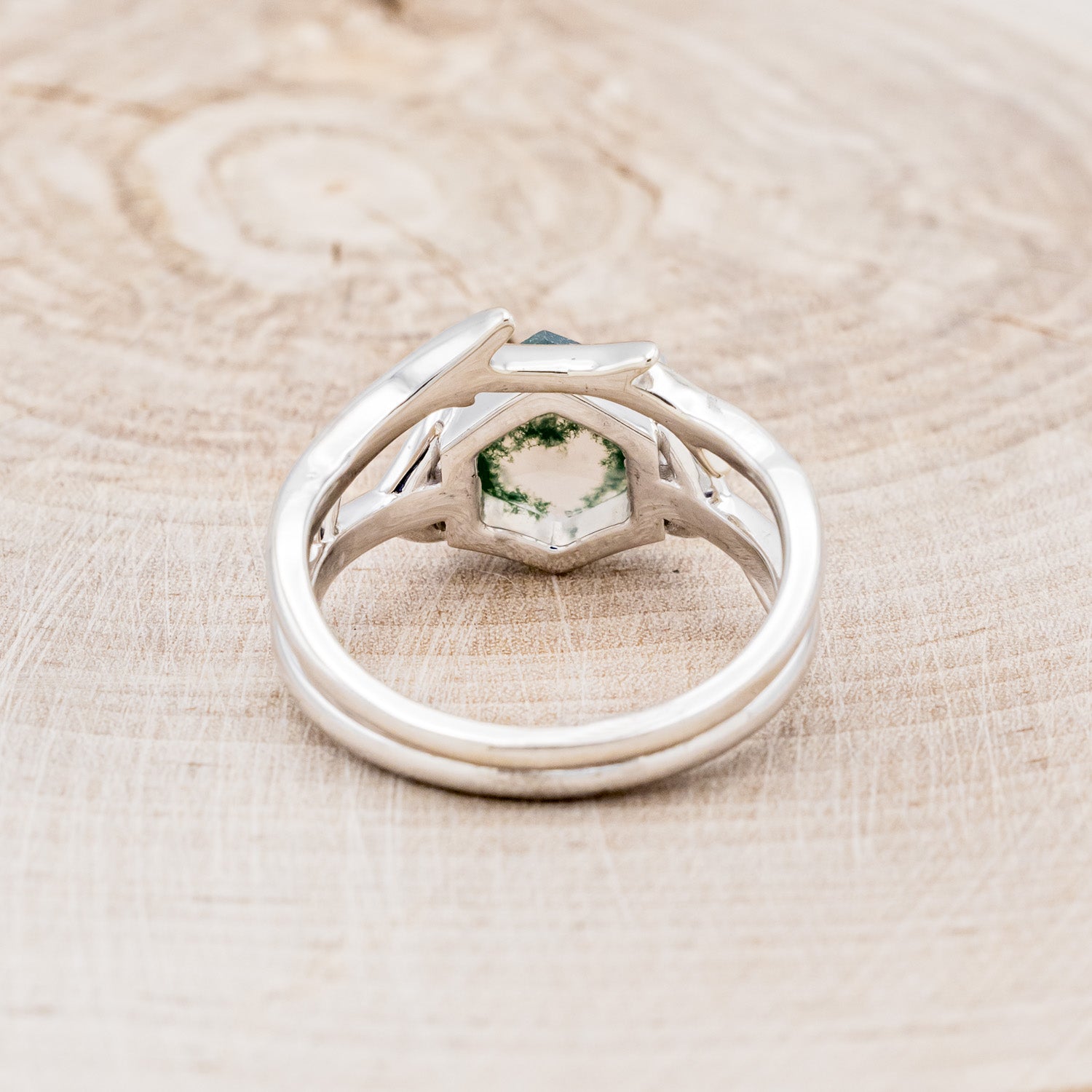 "ARTEMIS" - HEXAGON MOSS AGATE ENGAGEMENT RING WITH AN ANTLER-STYLE STACKING BAND-5
