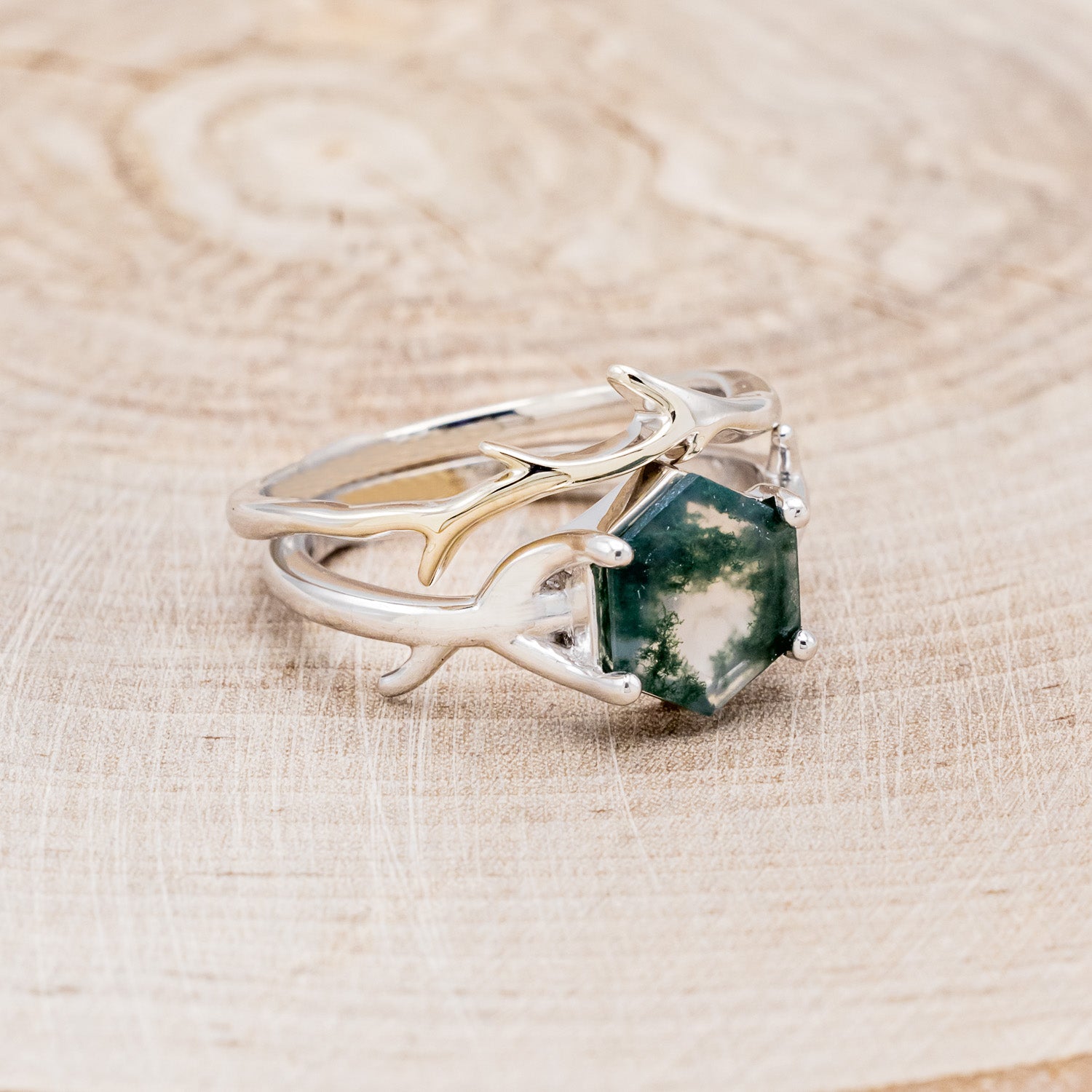 "ARTEMIS" - HEXAGON MOSS AGATE ENGAGEMENT RING WITH AN ANTLER-STYLE STACKING BAND-2