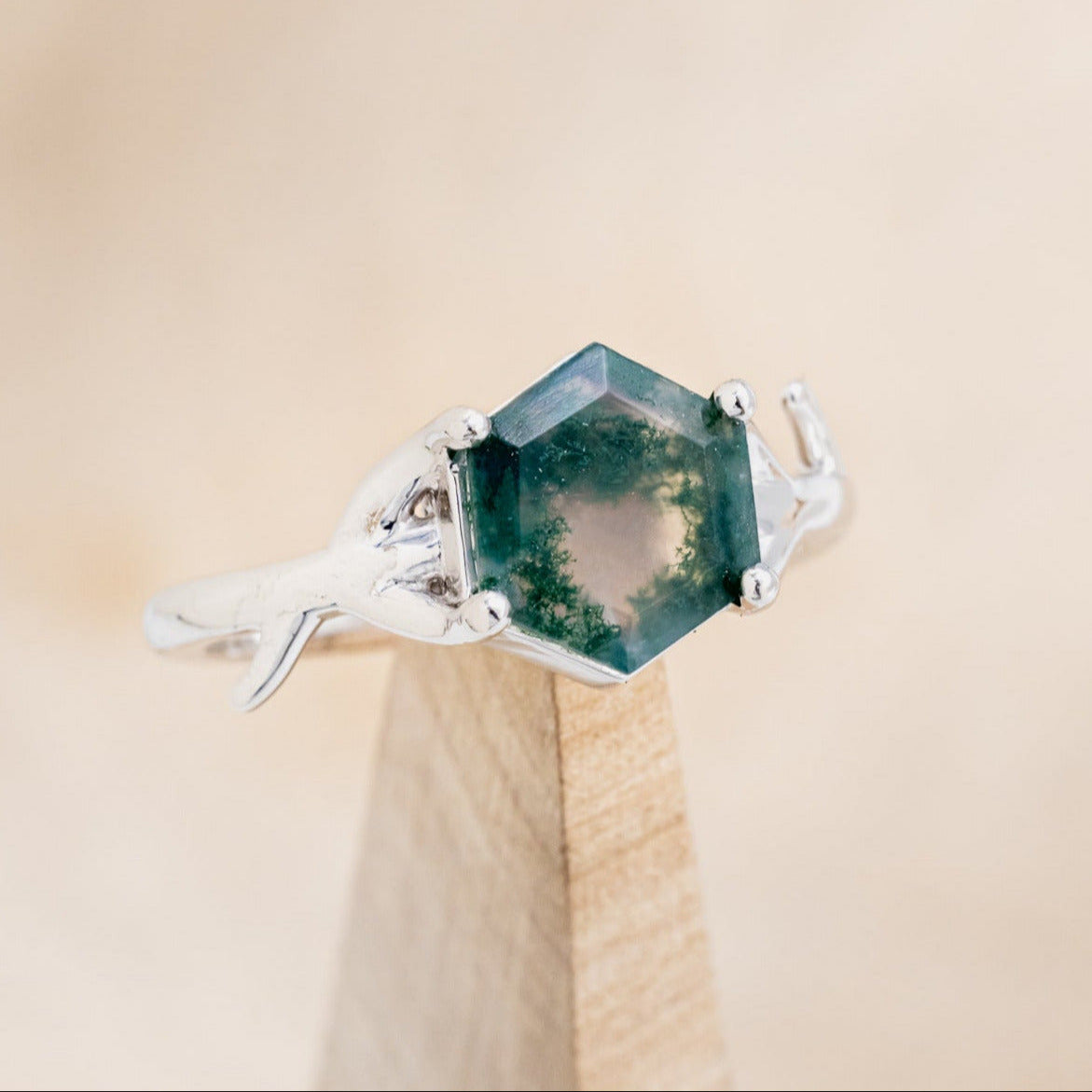 "ARTEMIS" - HEXAGON MOSS AGATE ENGAGEMENT RING WITH AN ANTLER-STYLE STACKING BAND-7