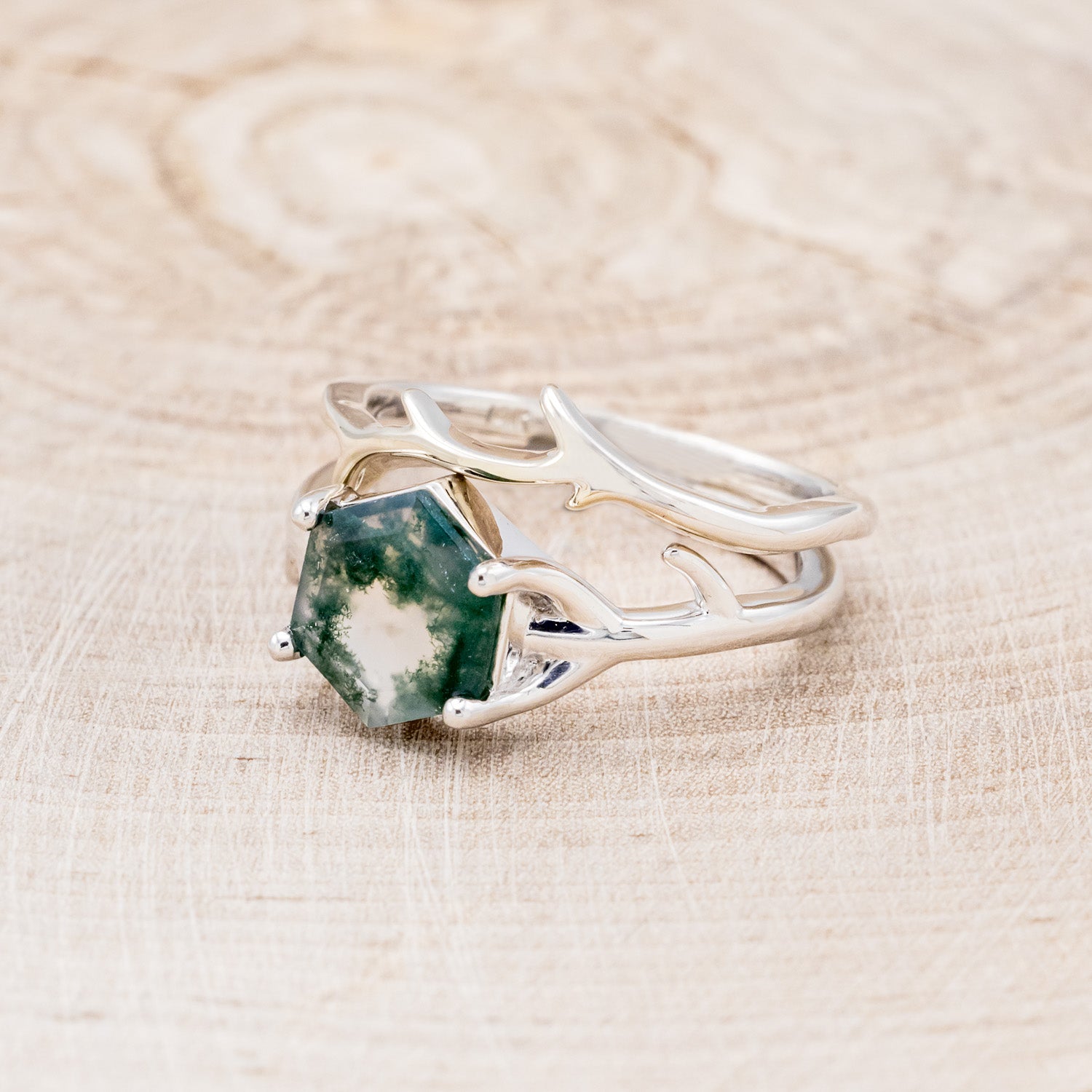"ARTEMIS" - HEXAGON MOSS AGATE ENGAGEMENT RING WITH AN ANTLER-STYLE STACKING BAND-3
