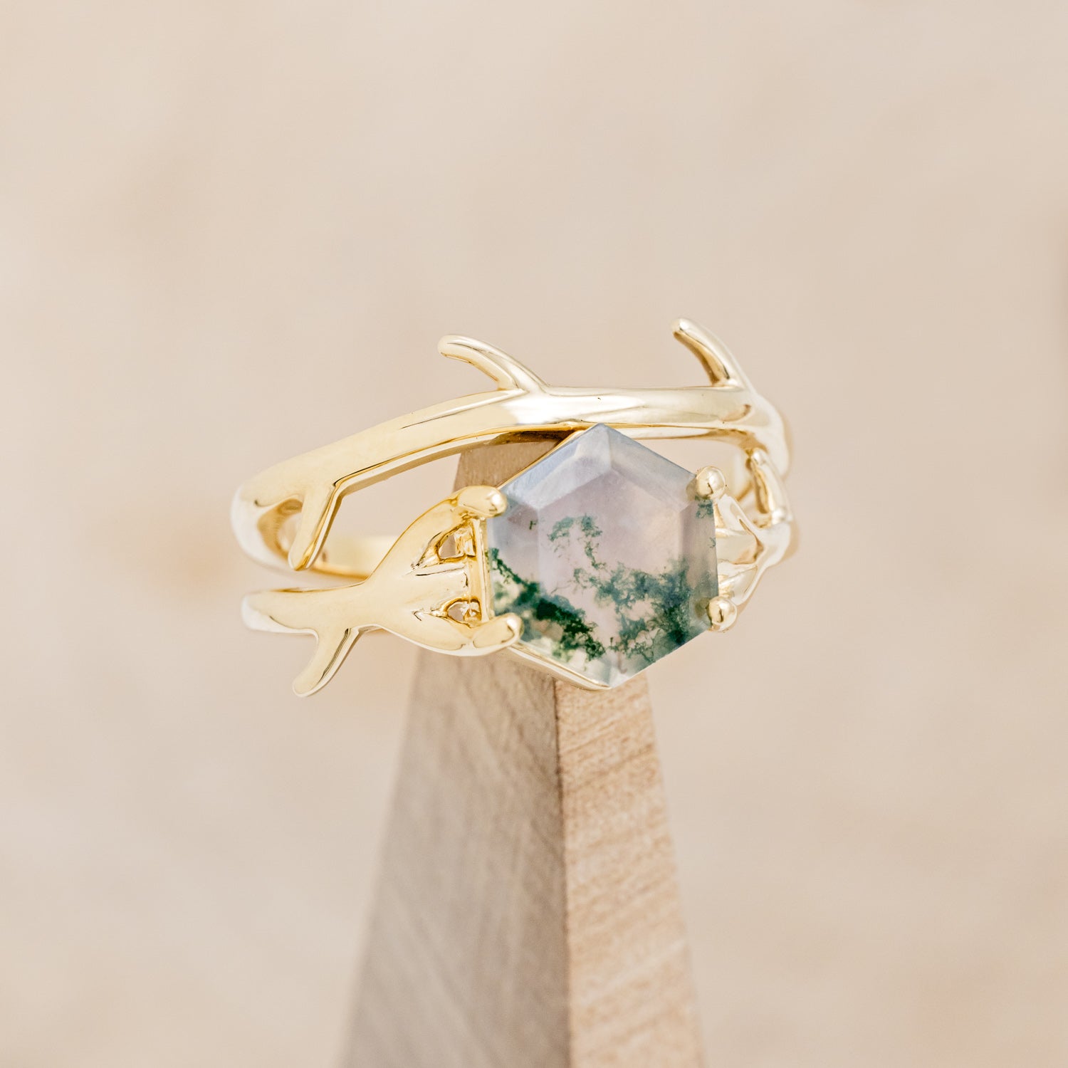 "ARTEMIS" - HEXAGON MOSS AGATE ENGAGEMENT RING WITH AN ANTLER-STYLE STACKING BAND-37
