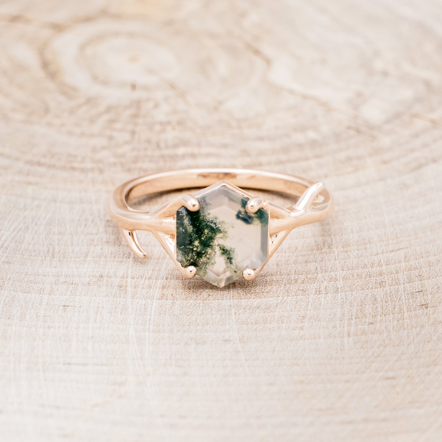"ARTEMIS" - HEXAGON MOSS AGATE ENGAGEMENT RING WITH AN ANTLER-STYLE STACKING BAND-26