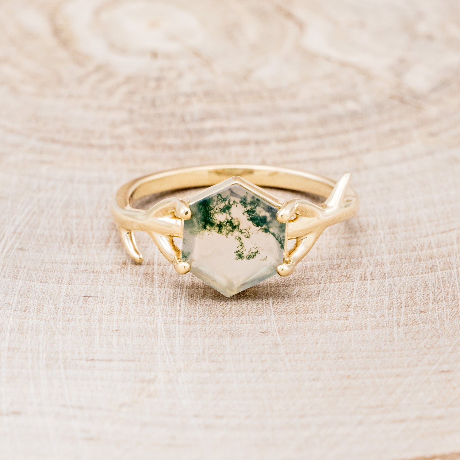 "ARTEMIS" - HEXAGON MOSS AGATE ENGAGEMENT RING WITH AN ANTLER-STYLE STACKING BAND-46