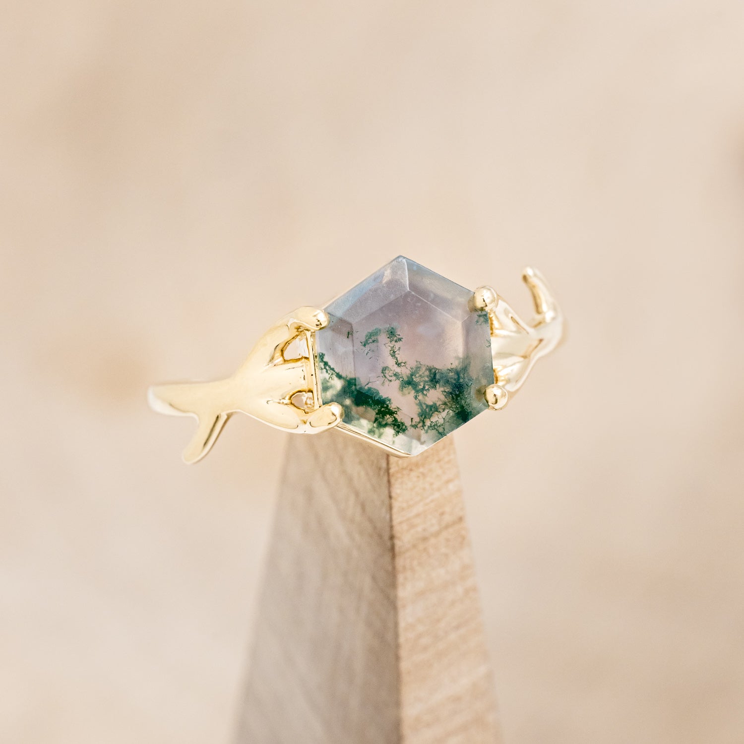 "ARTEMIS" - HEXAGON MOSS AGATE ENGAGEMENT RING WITH AN ANTLER-STYLE STACKING BAND-44