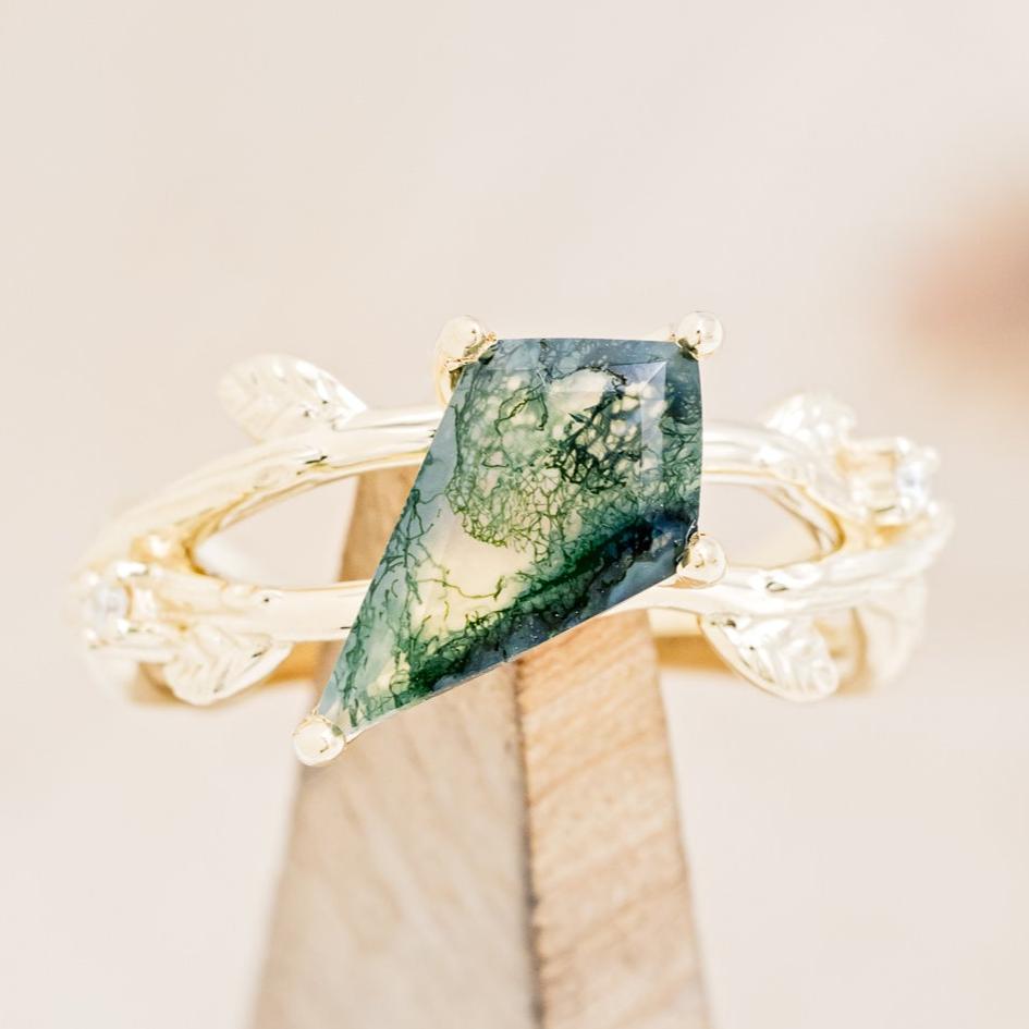"ARTEMIS ON THE VINE" - DIAGONAL KITE CUT MOSS AGATE ENGAGEMENT RING WITH DIAMOND ACCENTS & A BRANCH-STYLE BAND-13