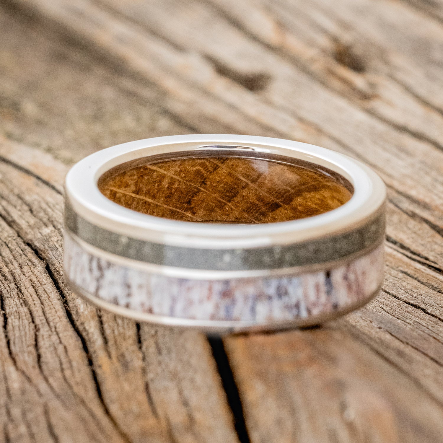 "RAPTOR" - ELK ANTLER & PYRITE WEDDING BAND WITH A WHISKEY BARREL OAK LINING-6