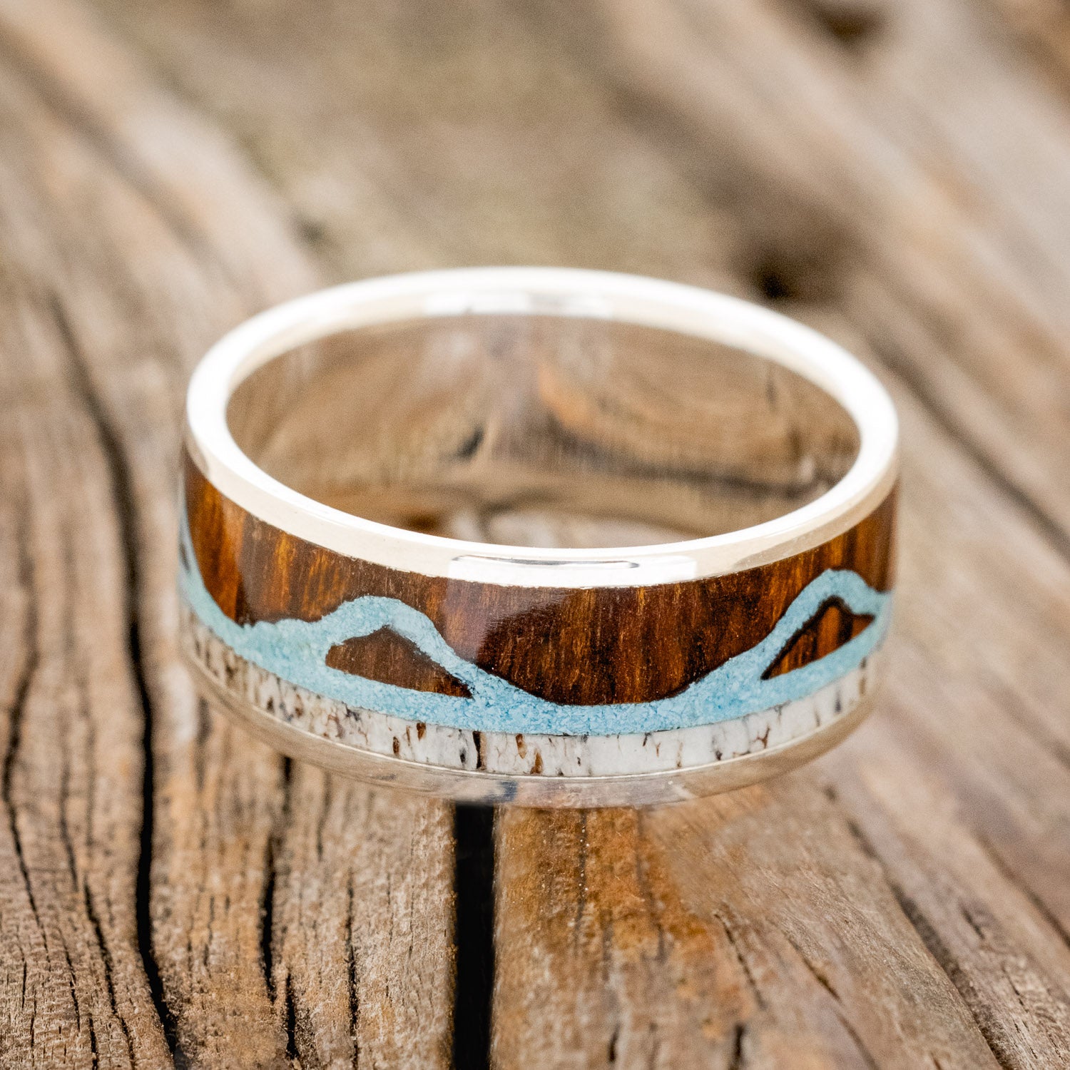 "THE EXPEDITION" - MOUNTAIN ENGRAVED WEDDING RING WITH REDWOOD, TURQUOISE & ANTLER-9