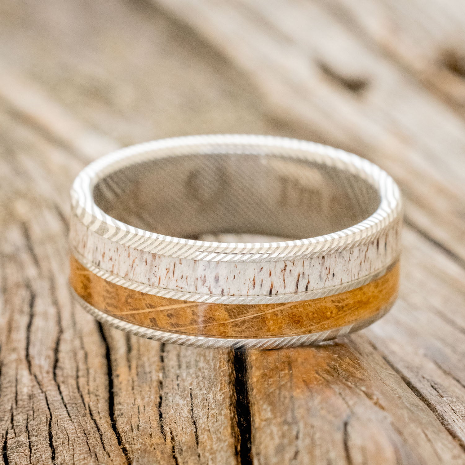 "DYAD" - WHISKEY BARREL OAK & ANTLER WEDDING BAND-19