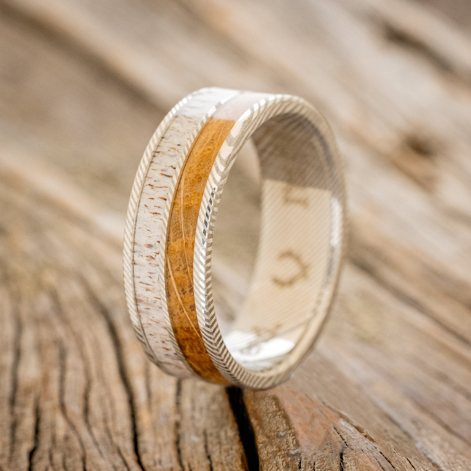 "DYAD" - WHISKEY BARREL OAK & ANTLER WEDDING BAND - READY TO SHIP-11