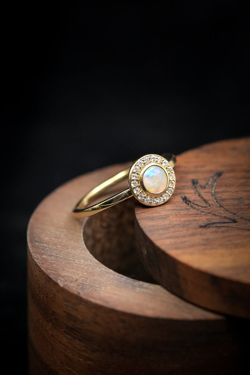 "TERRA" - ROUND CUT OPAL ENGAGEMENT RING WITH DIAMOND HALO