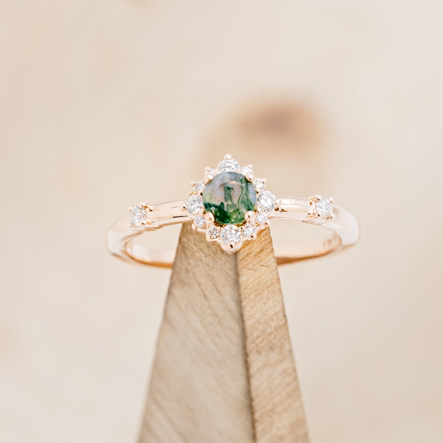 "STARLA" - ROUND CUT MOSS AGATE ENGAGEMENT RING WITH A STARBURST DIAMOND HALO-7